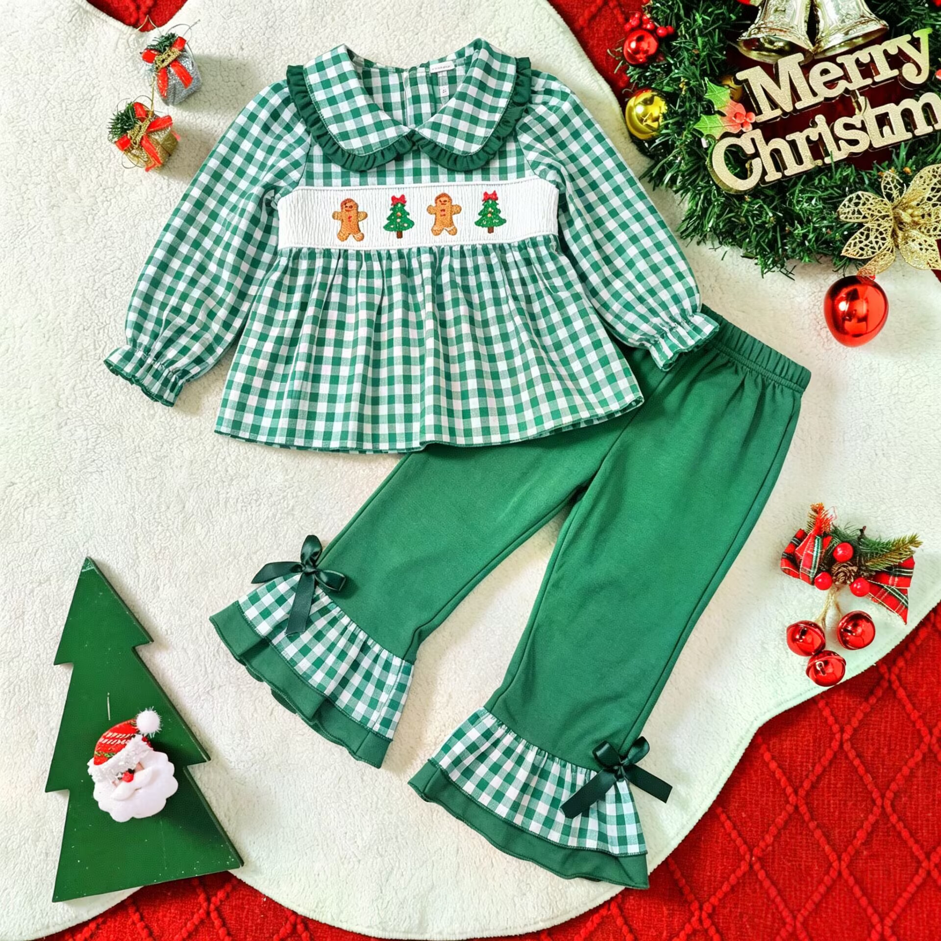 Kids Christmas Checkered Embroidery Lace Bow 2-Piece Set