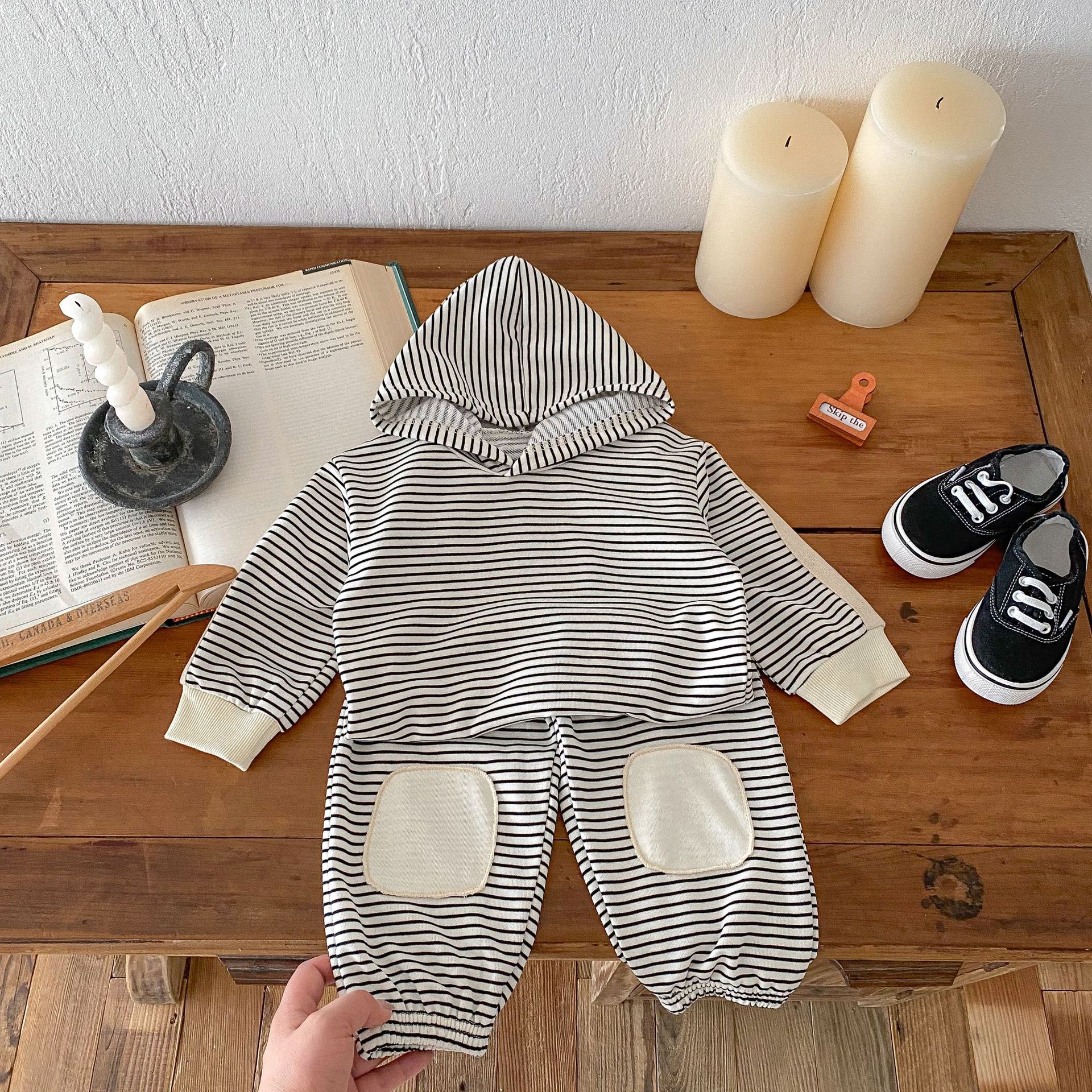 Striped Patch Hooded Sweatshirt And Pants Set