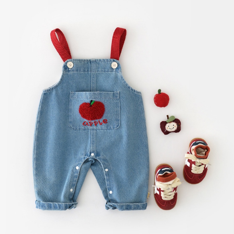 Baby Apple Embroidered Denim Overalls