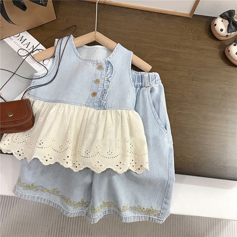 Baby Toddler Girls 2-Piece Lace Denim Patchwork Set
