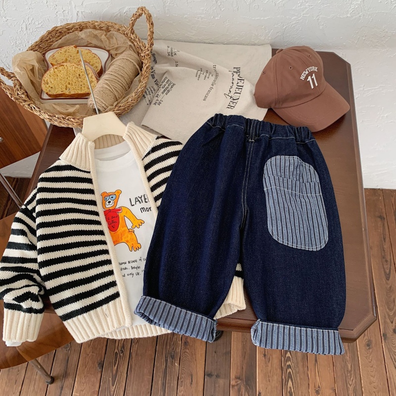Kids Striped Patchwork Denim Pants