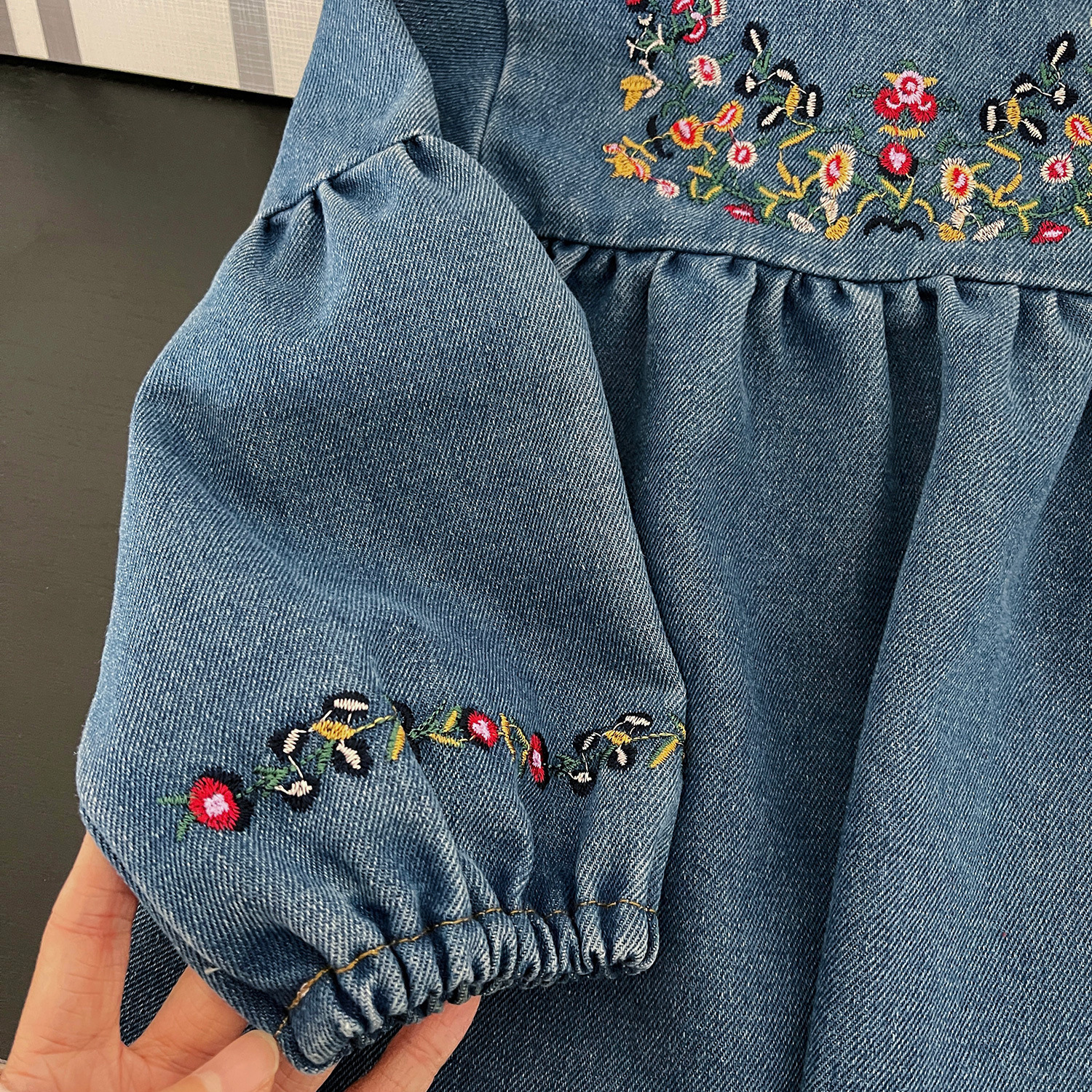 Toddler Kid Girl Floral Embroidered Denim Dress