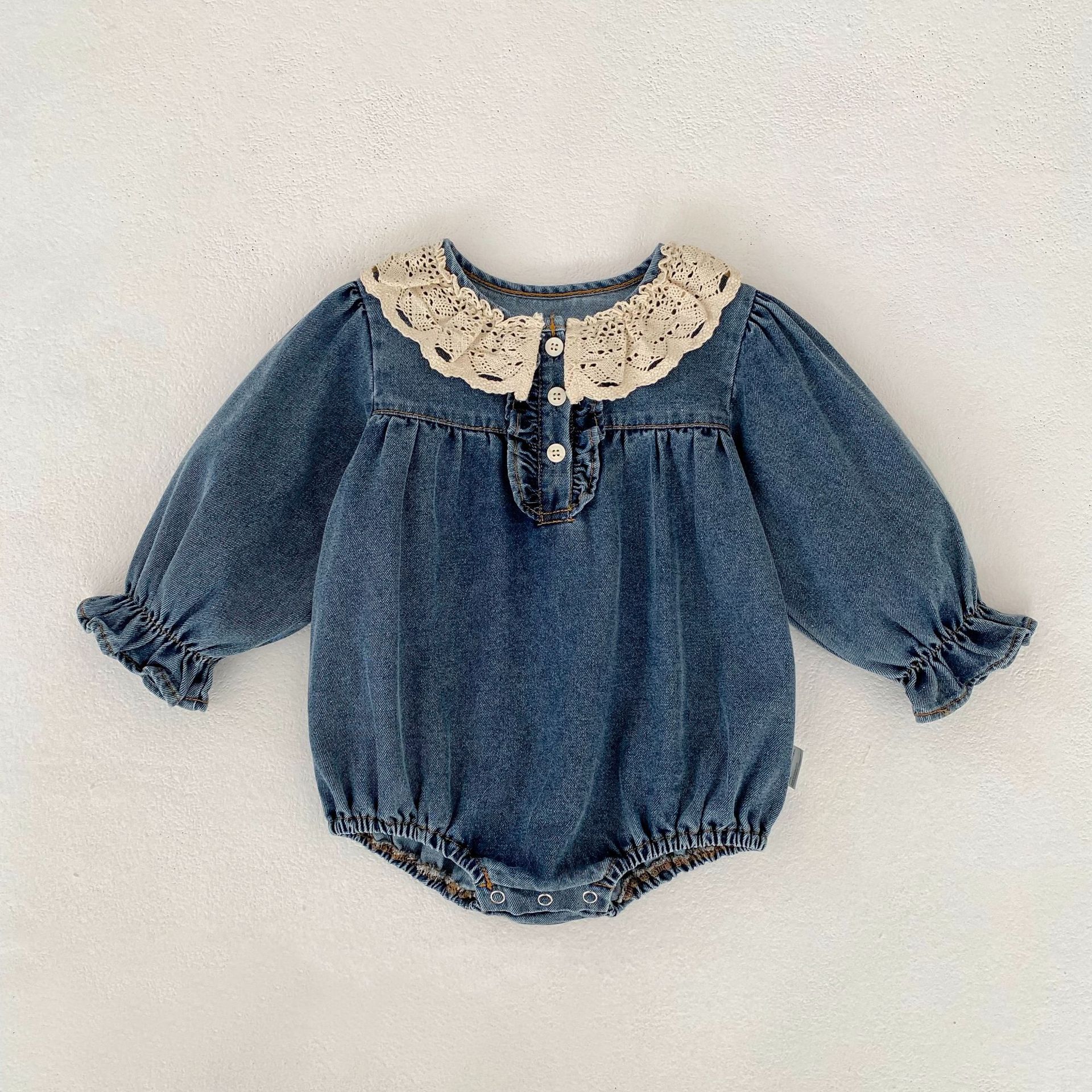 Lace-trimmed Peter Pan Collar Denim Romper