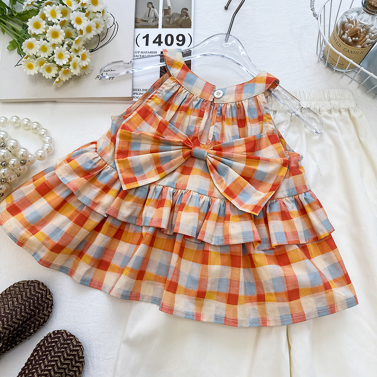Toddler Kid Girls Orange Gingham Bow Tank Top and Solid White Pants Set