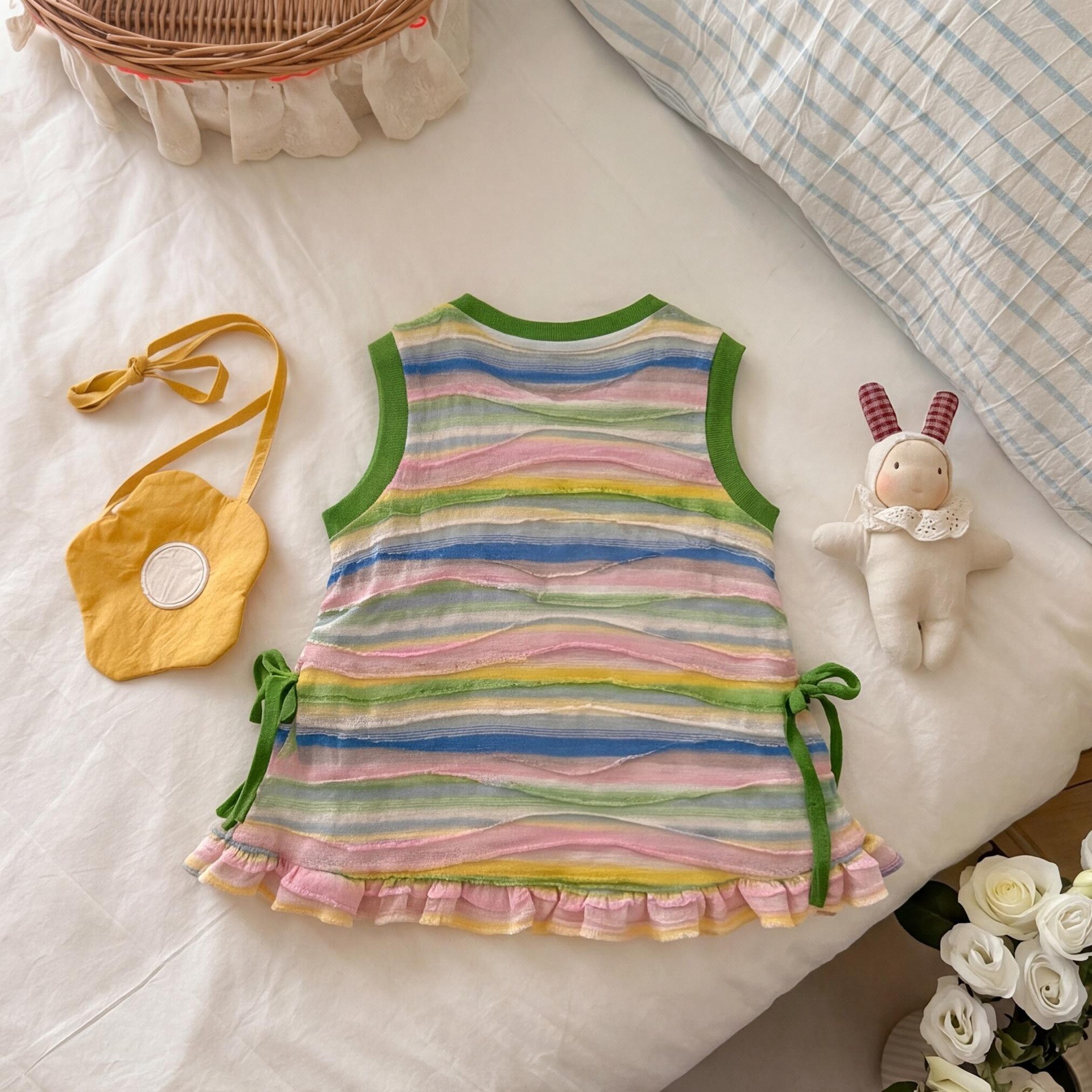 Kids Colorful Stripes Flower Bow Vest Dress