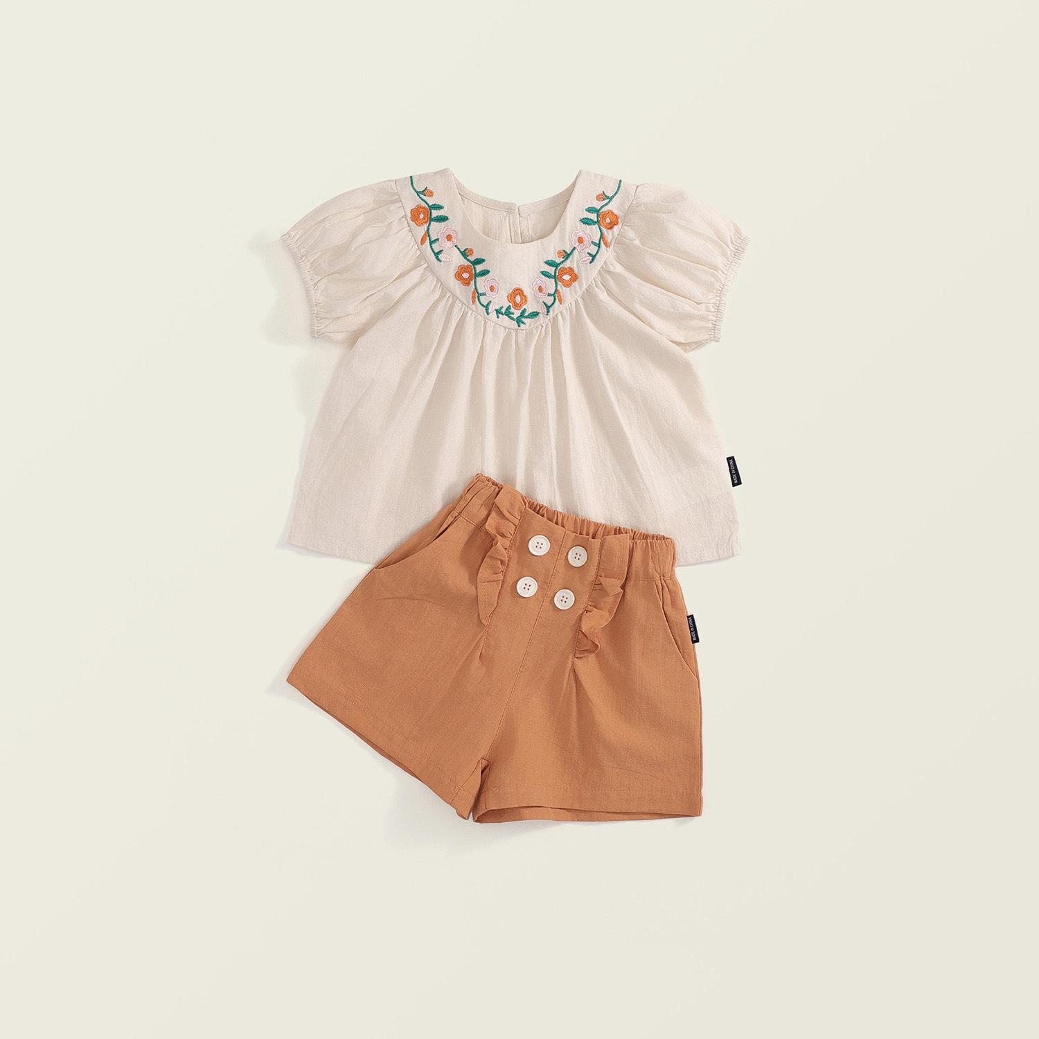 Kids Embroidered floral puff sleeves Top and Brown Shorts Set
