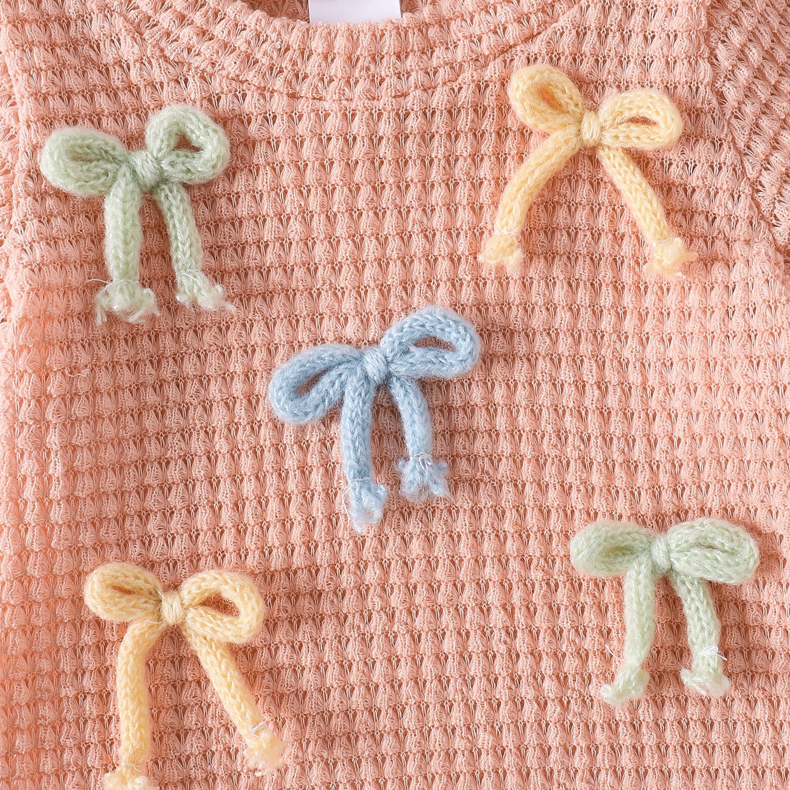 Baby Colorful Bow Waffle-Knit Top and Raw-Hem Denim Shorts Set
