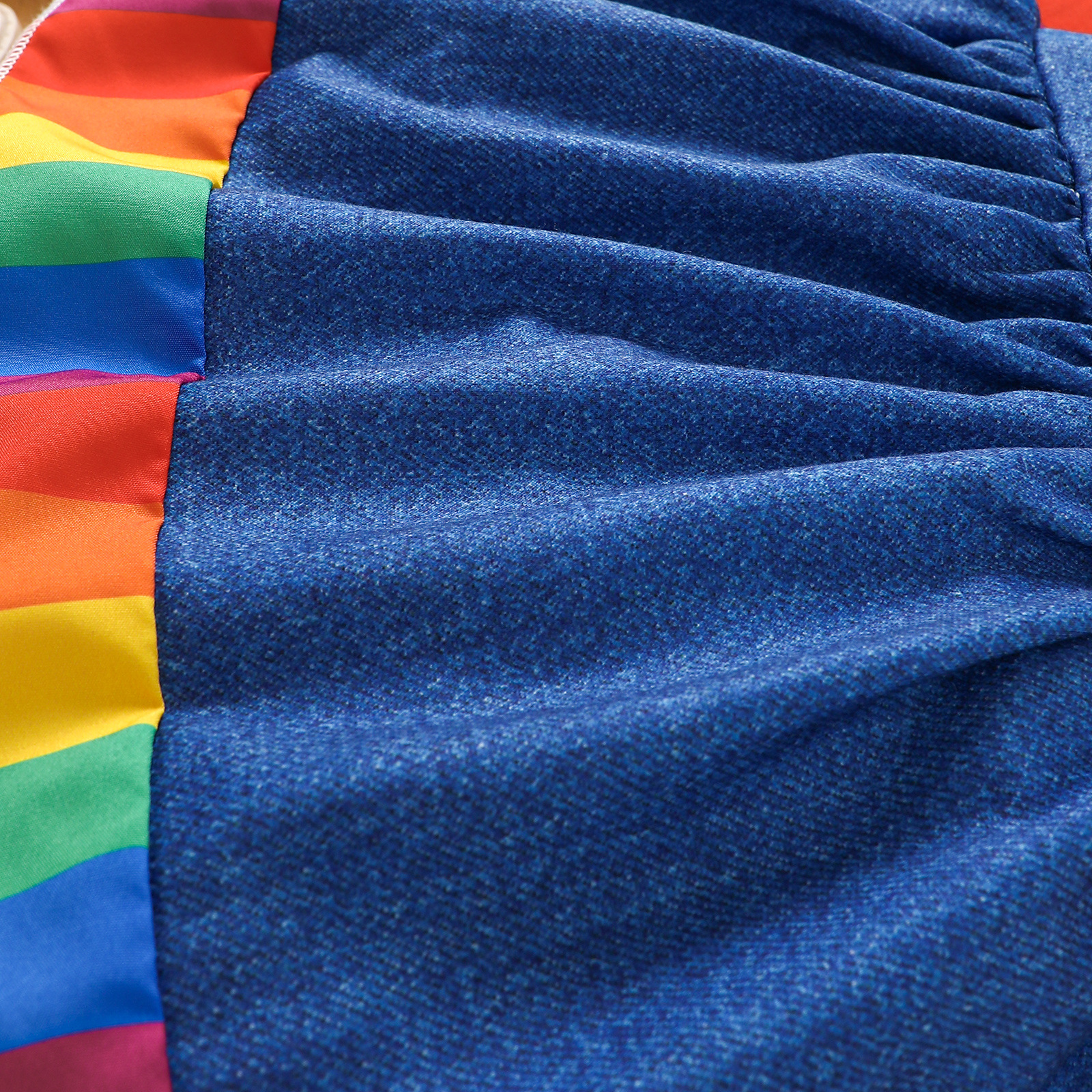 Baby Toddler Rainbow Striped Puff-Sleeve Shirt and Faux Denim Pinafore Dress Set
