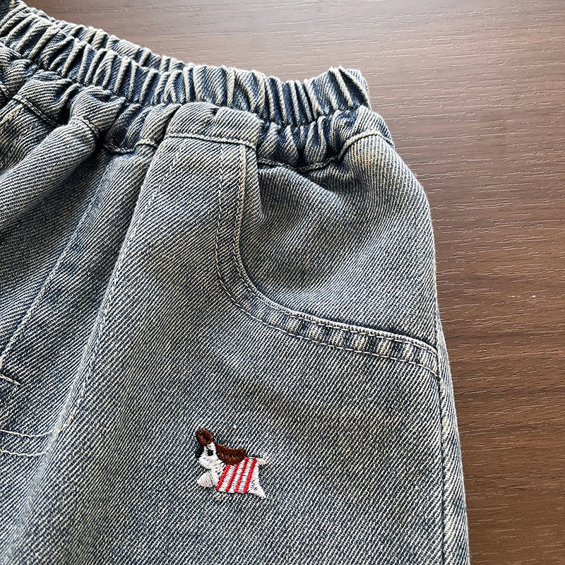Kids Dog Embroidered Denim Pants