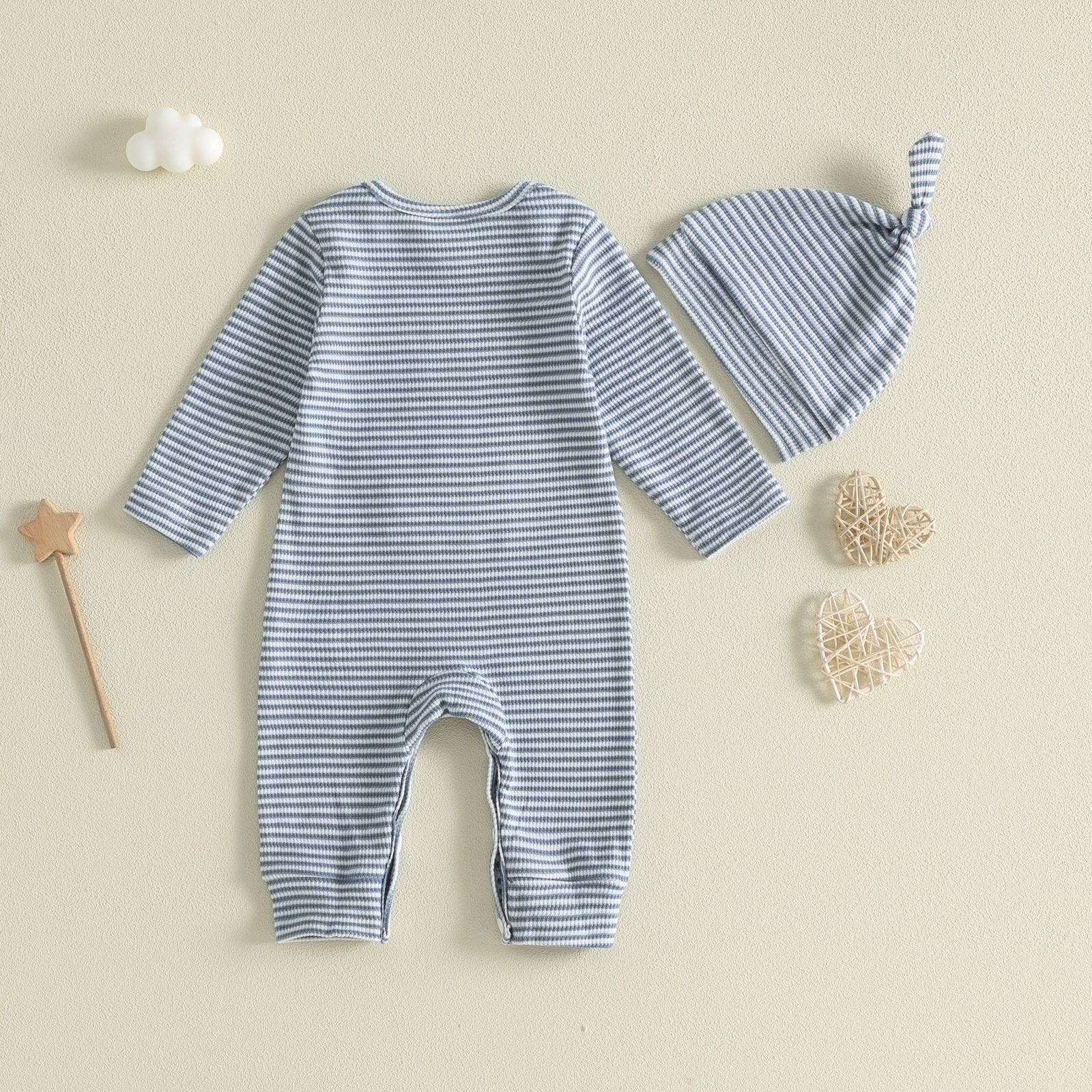 DAD'S LITTLE DUDE Baby Waffle Letter Embroidery Stripe Onesie with Hat