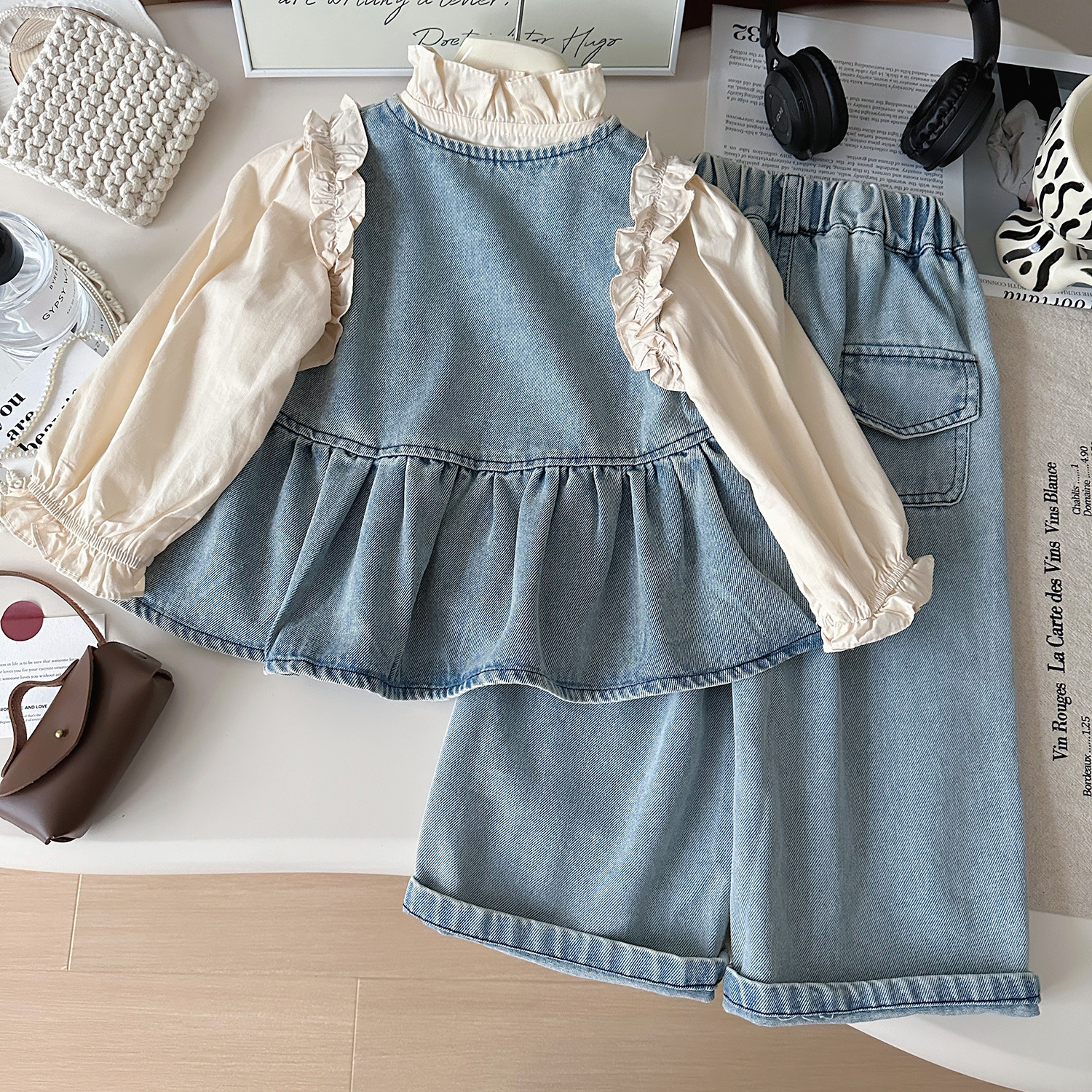 Kids Ruffled Puff Sleeves Denim 3-Piece Set