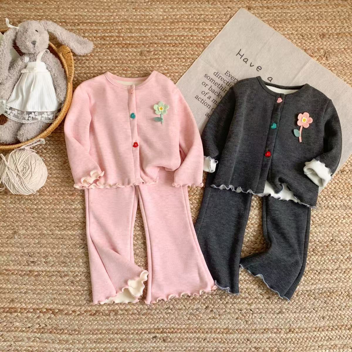 Kids Flower Ruffle Trim Sweater and Pants Set