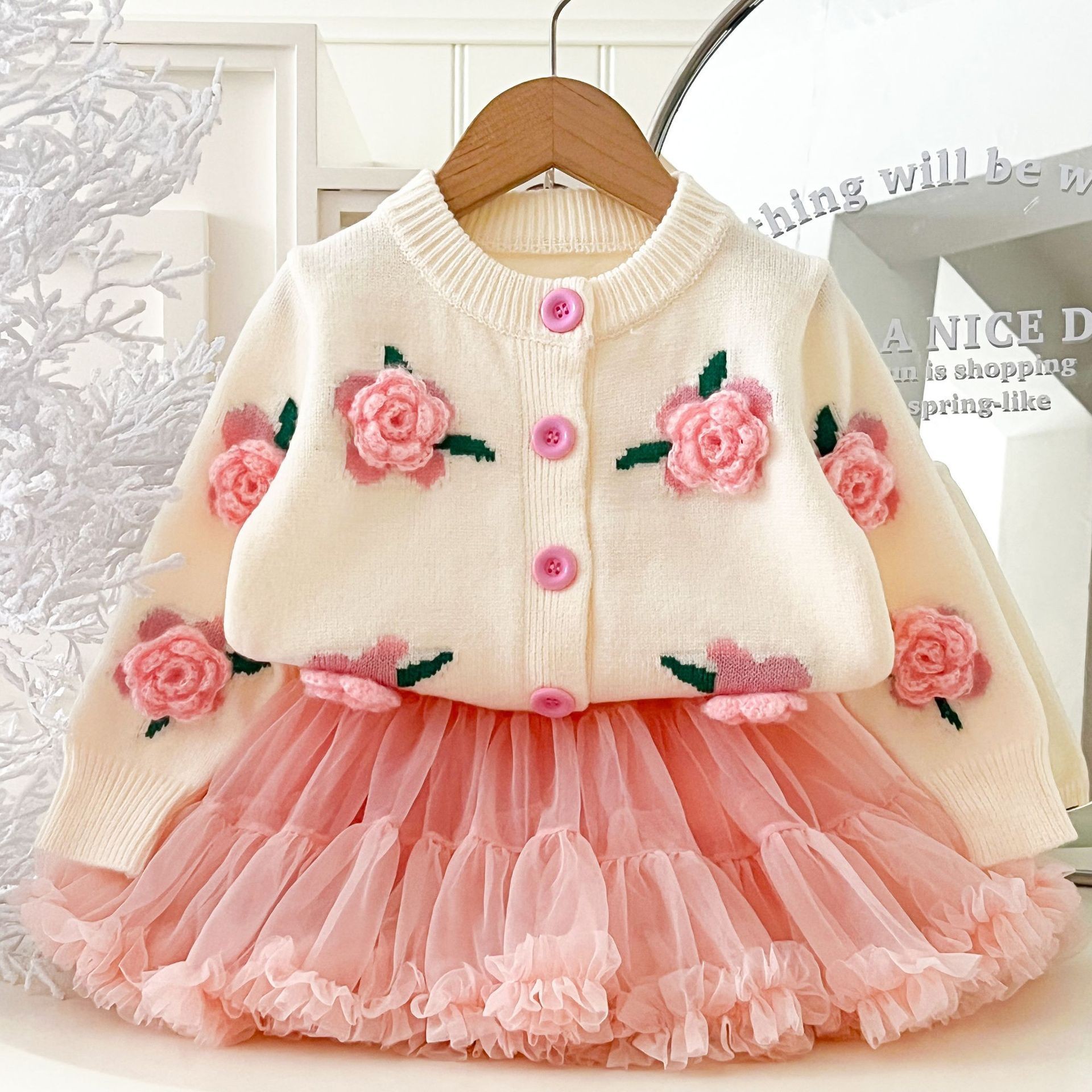Kids Crew Neck Flower Sweater and Tulle Skirt Set