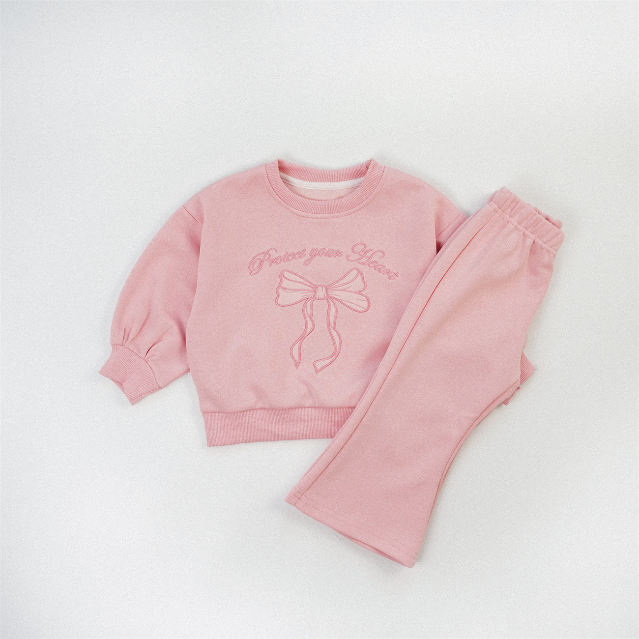 Kids Embroidered Letters Bow Sweatshirt and Bell Pants Set