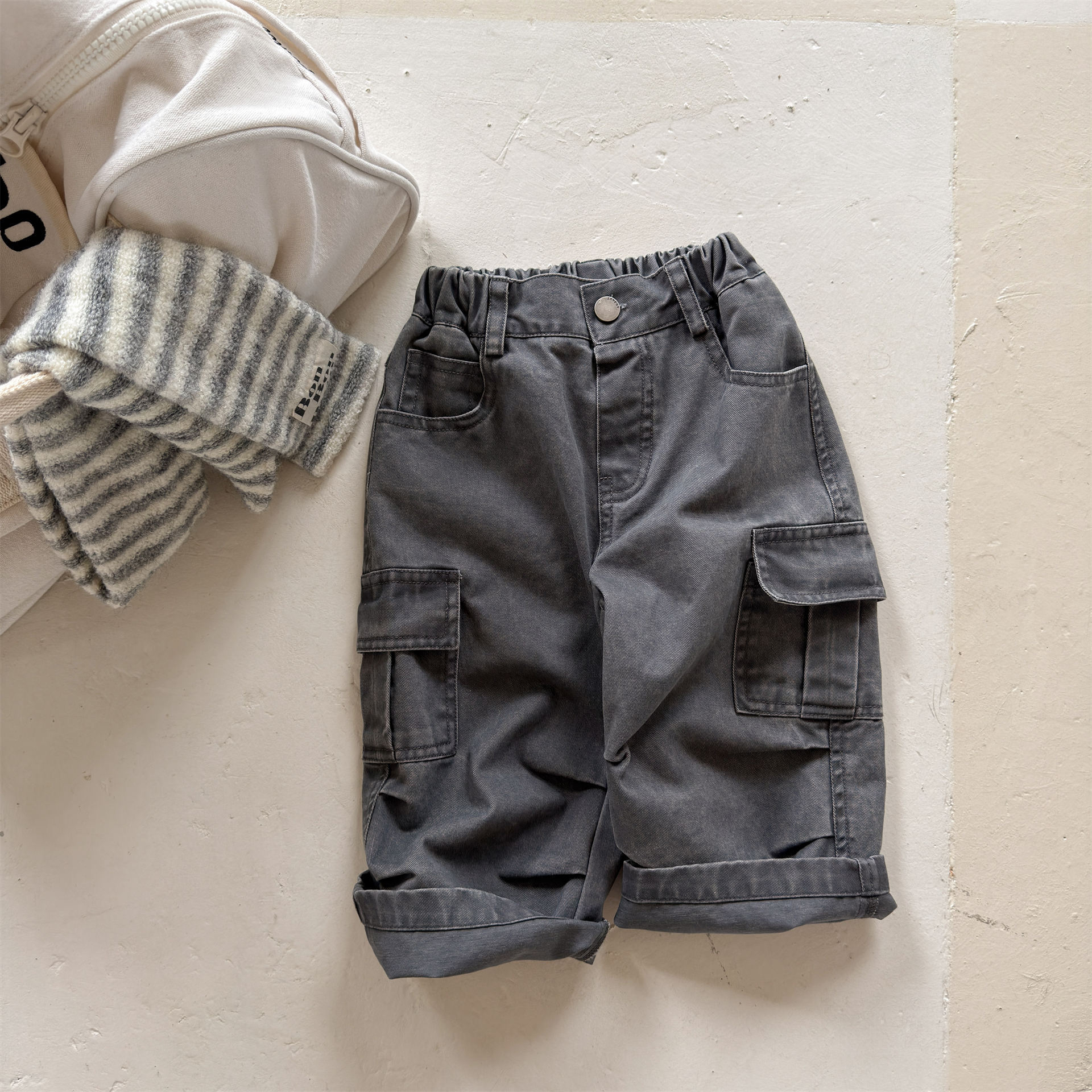 Kids Solid Color Cargo Denim Pants