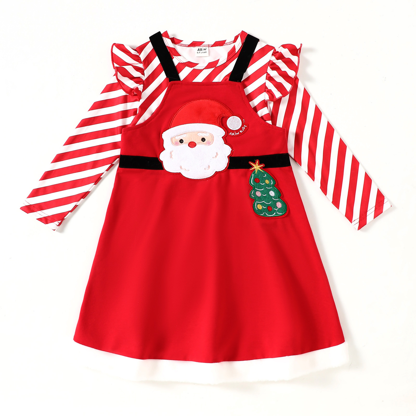 Kids Stripe Top and Santa Claus Embroidery Pinafore Dress Set