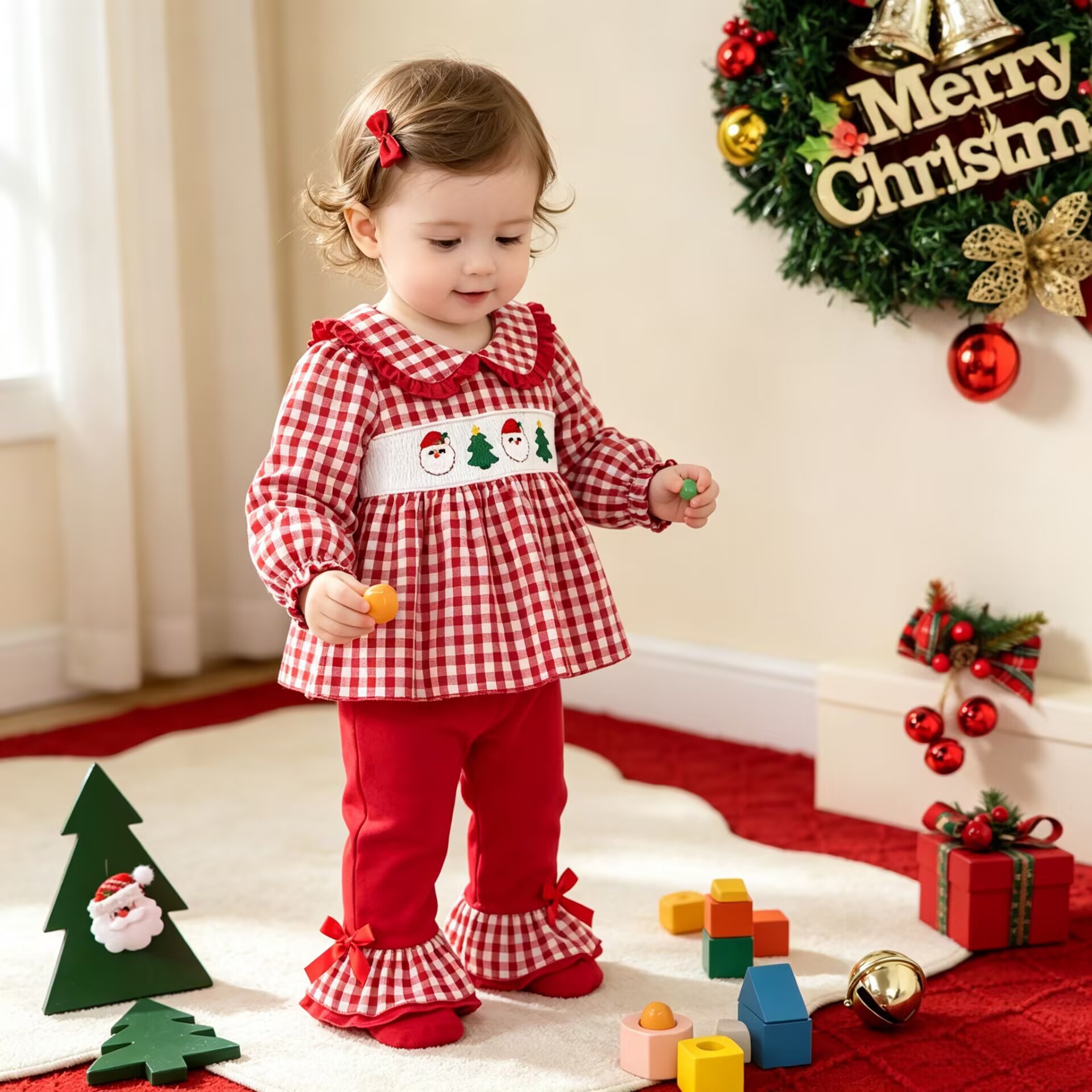 Kids Christmas Checkered Embroidery Lace Bow 2-Piece Set
