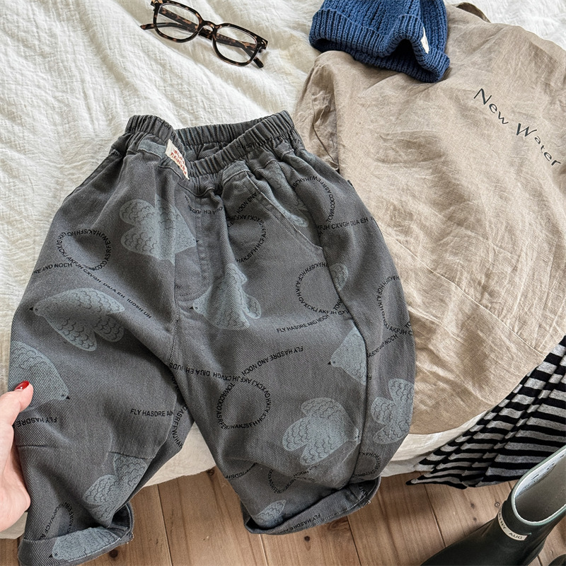 Kids Bird Letter Print Washed Denim Pants