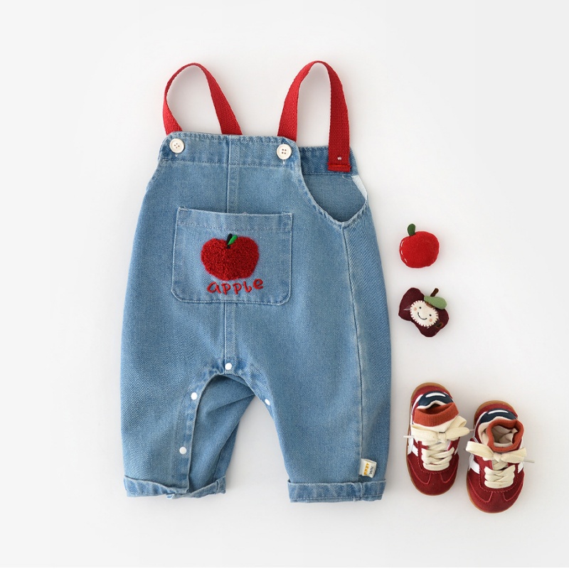 Baby Apple Embroidered Denim Overalls