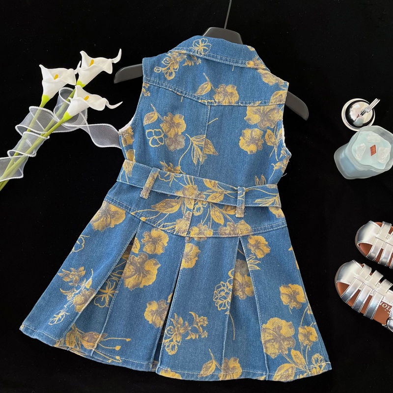 Baby Toddler Girl Vest Denim Floral Print Dress