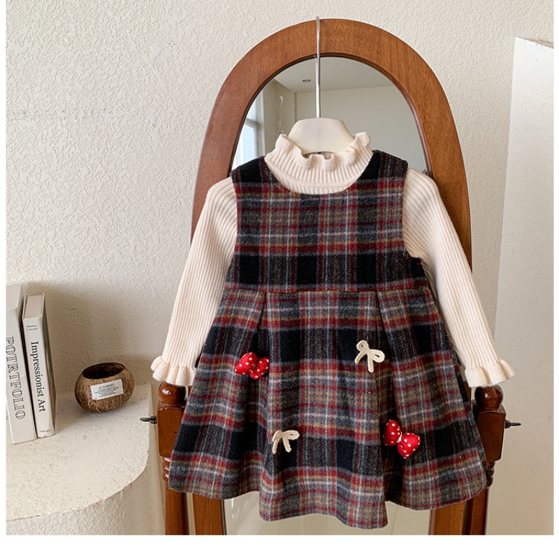 2-Piece Baby Toddler Girls Warm Sweater & Plaid Tank Dress Set