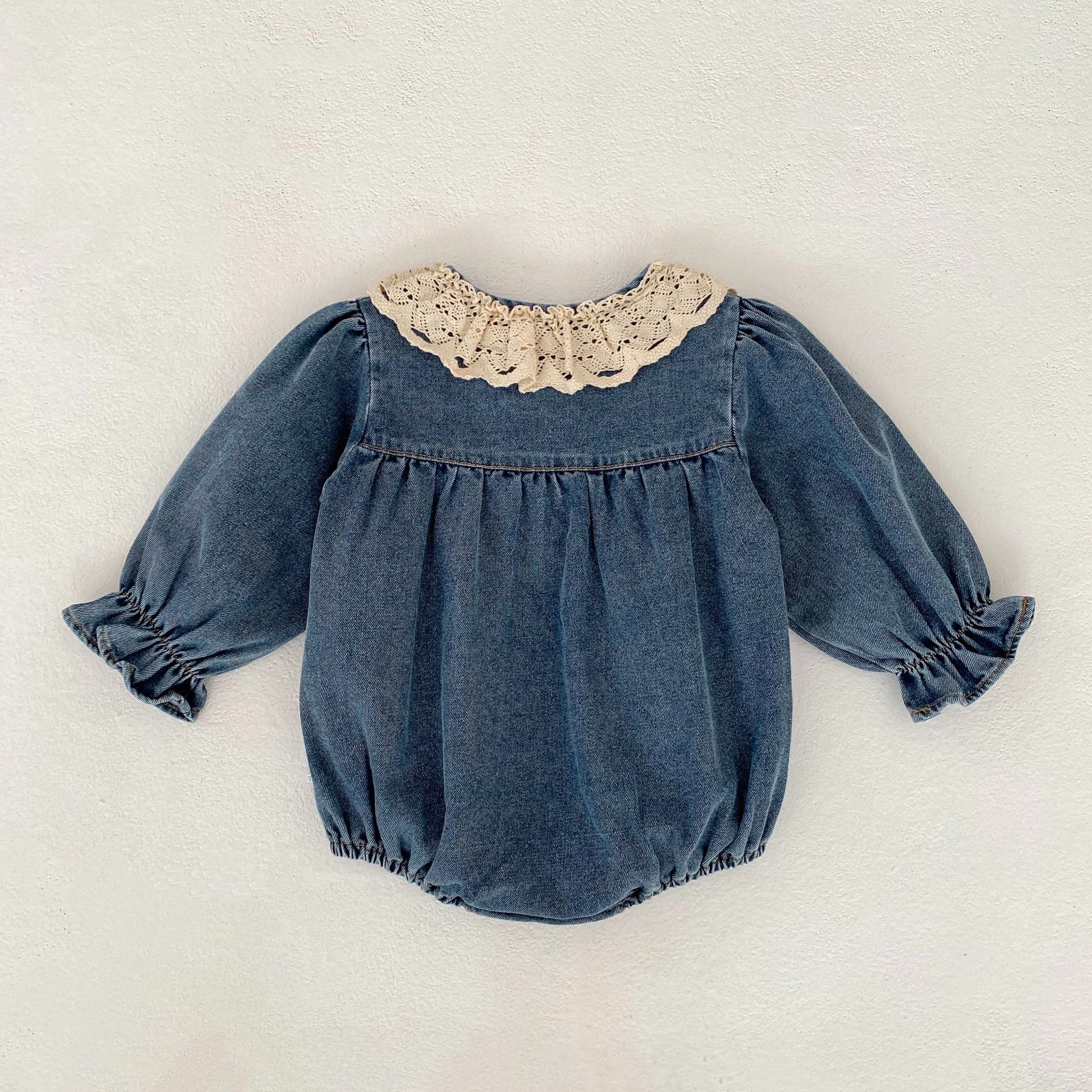 Lace-trimmed Peter Pan Collar Denim Romper