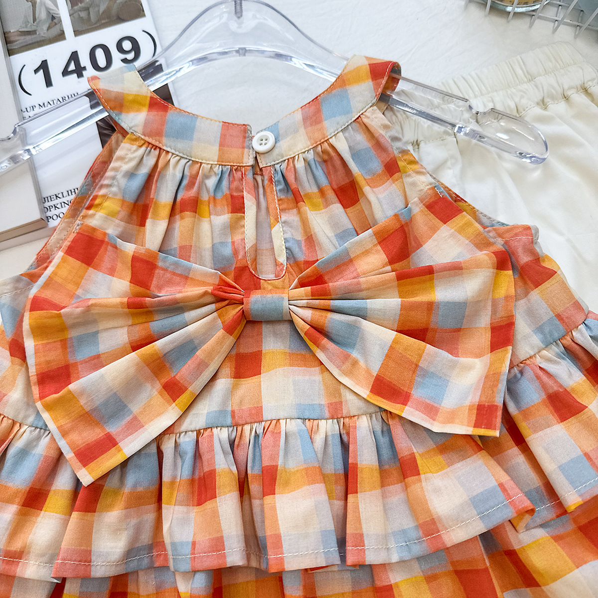 Toddler Kid Girls Orange Gingham Bow Tank Top and Solid White Pants Set