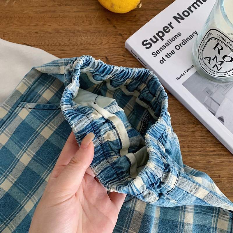 Kids Blue Plaid Jeans Pants