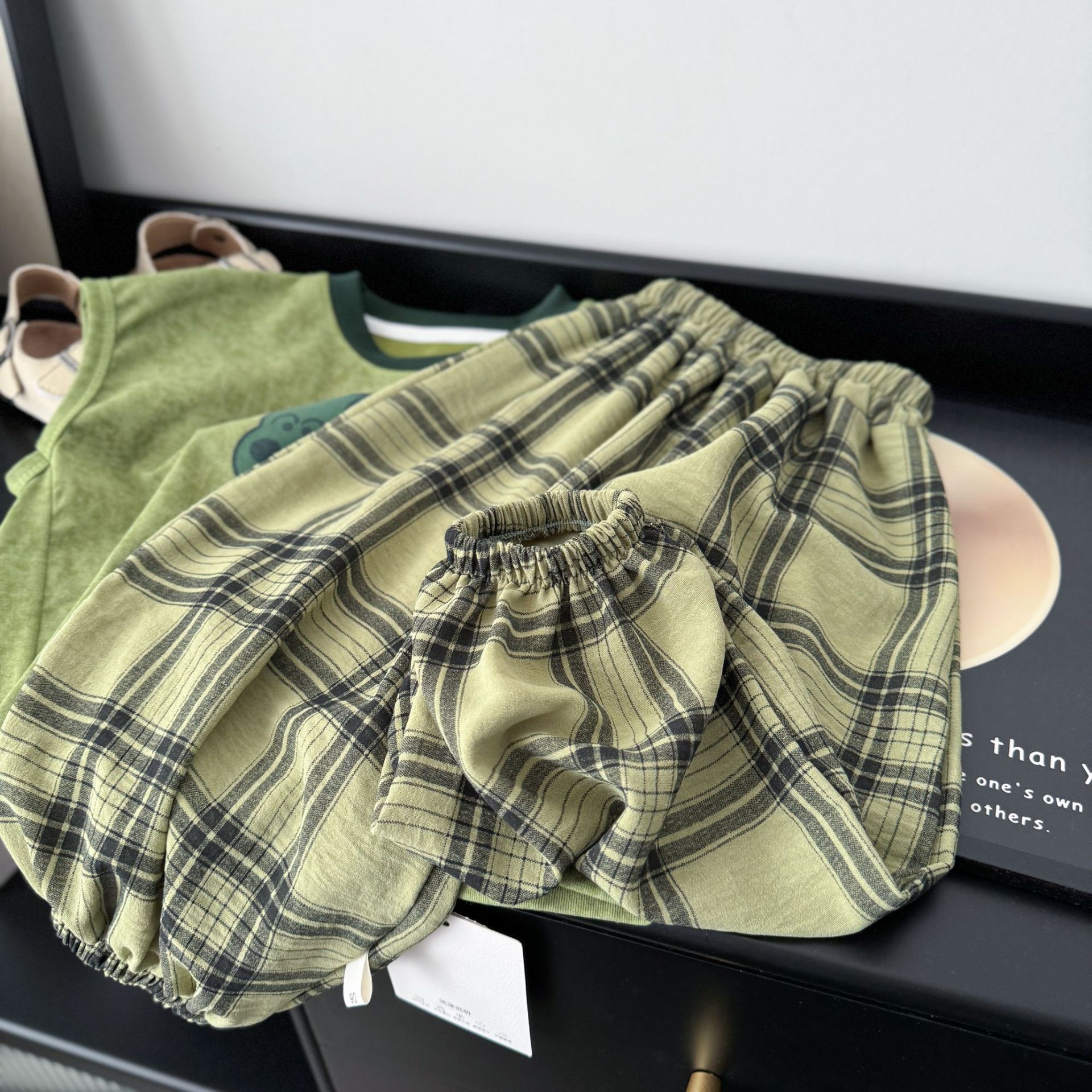 Baby& Kid Dog Pattern Vest Top and Plaid Pants Set