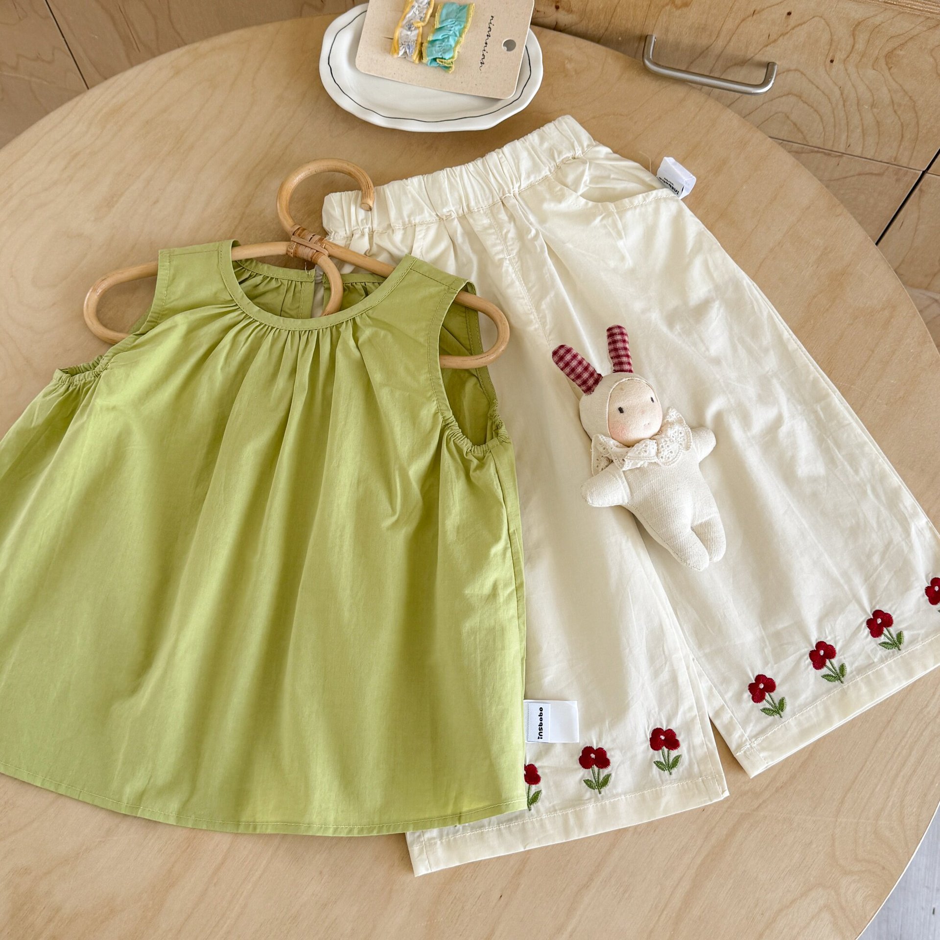 Kids Green Vest Top and Embroidered Flower Pants Set