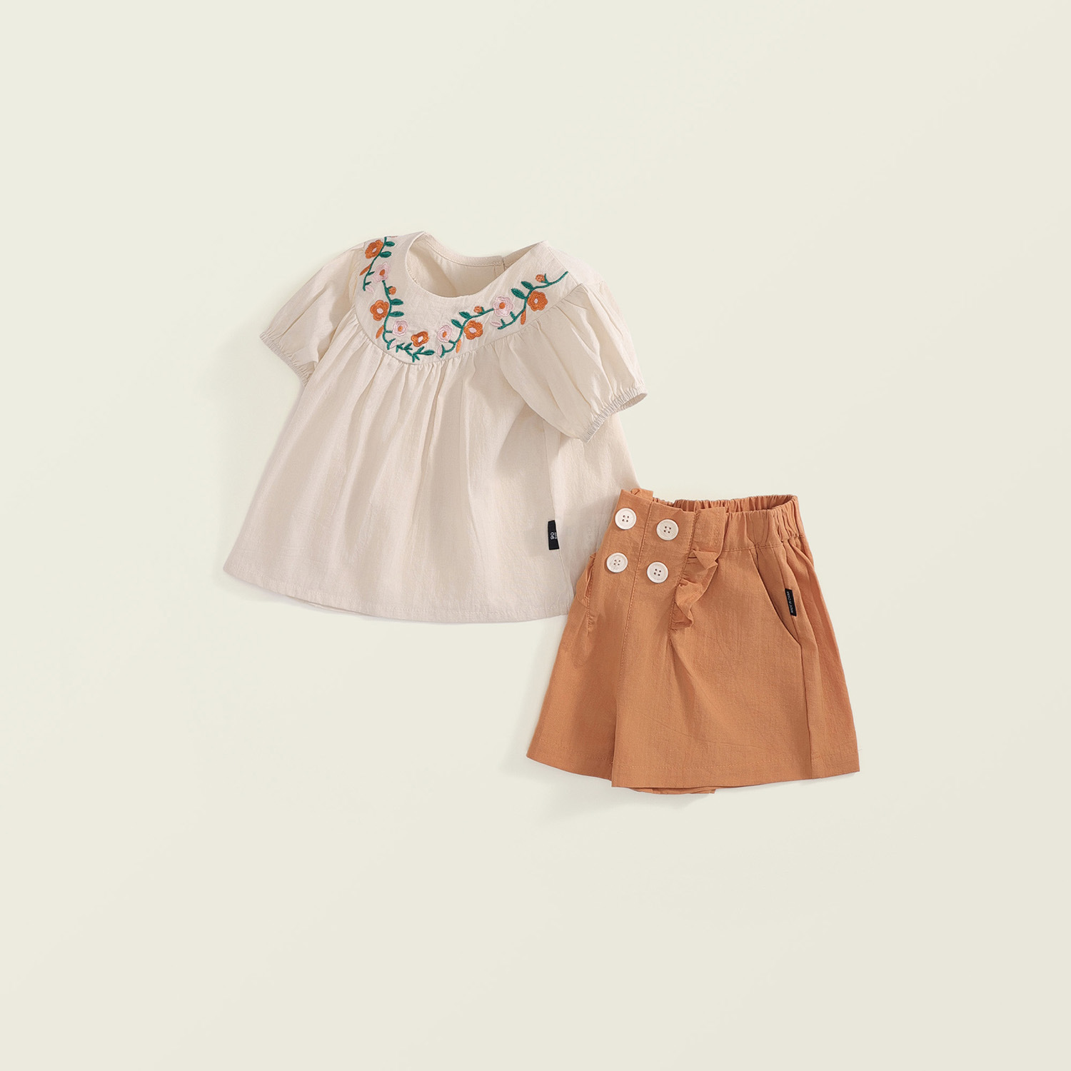 Kids Embroidered floral puff sleeves Top and Brown Shorts Set