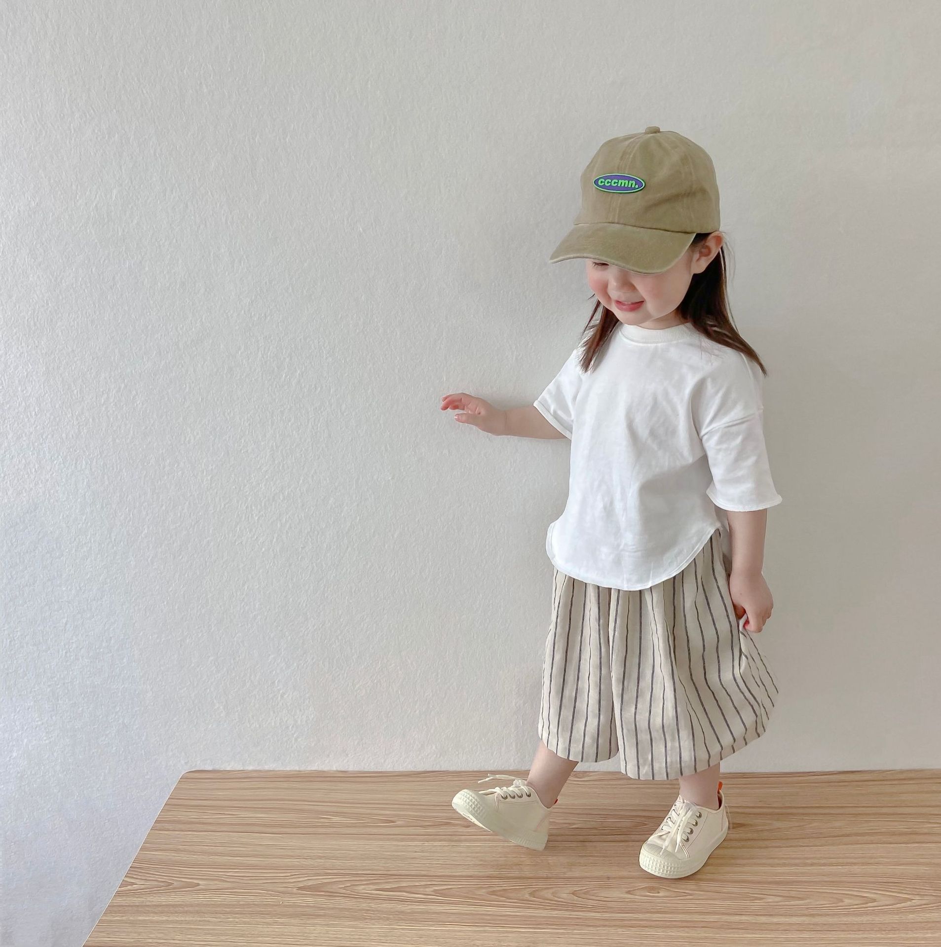 Kids White T-shirt and Stripe Pants Set