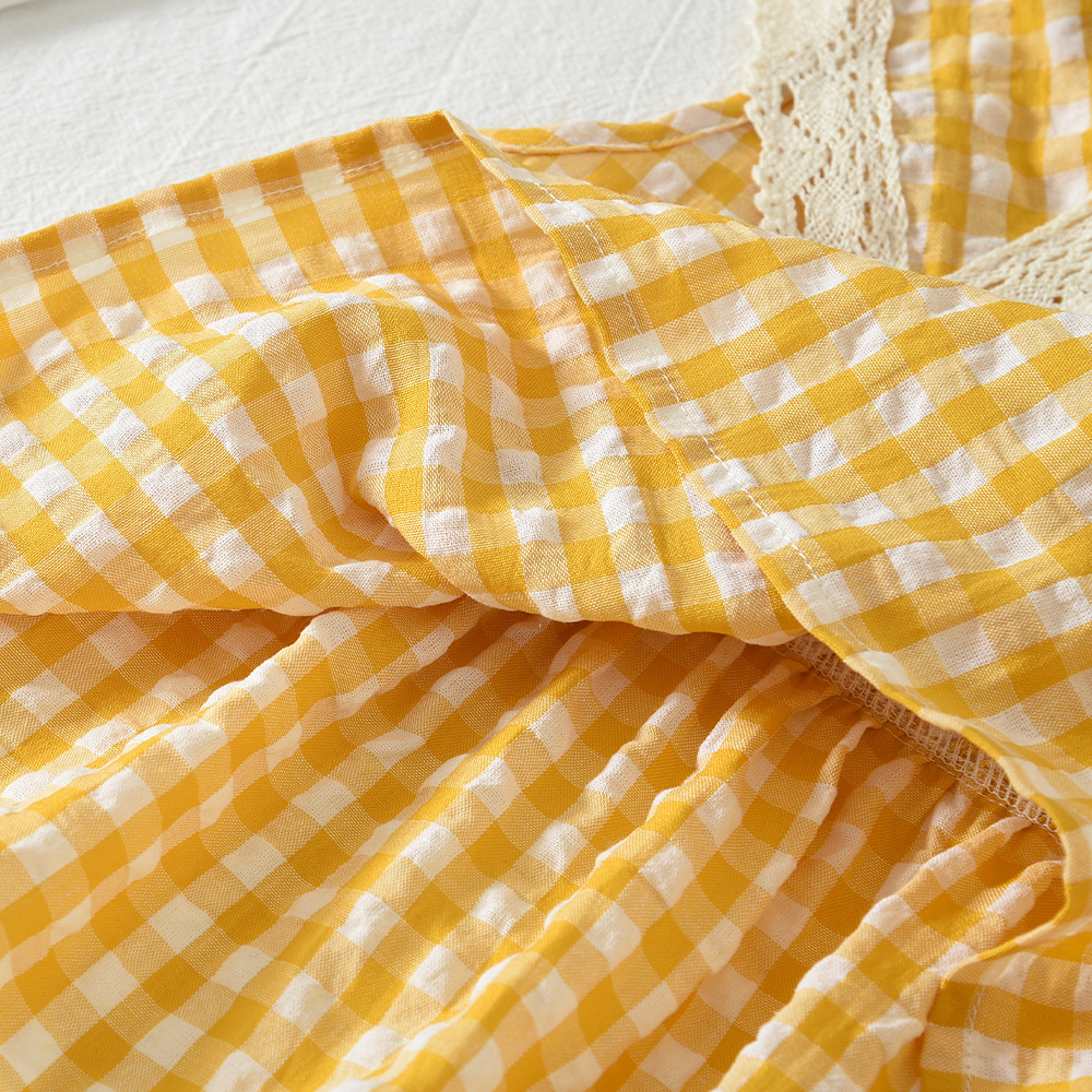 Kids Lace Trimmed Turnover Collar Plaid Top and Shorts Set