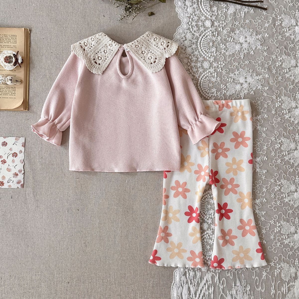 Baby Lace Collar Top and Flowers Pants Set 
