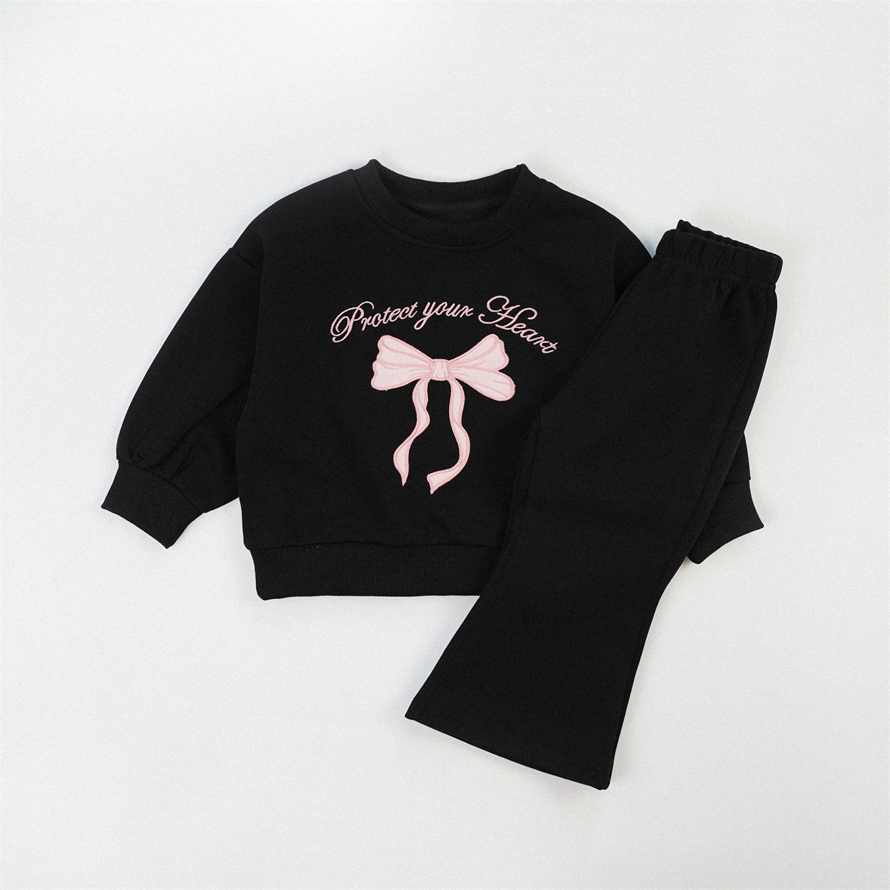 Kids Embroidered Letters Bow Sweatshirt and Bell Pants Set