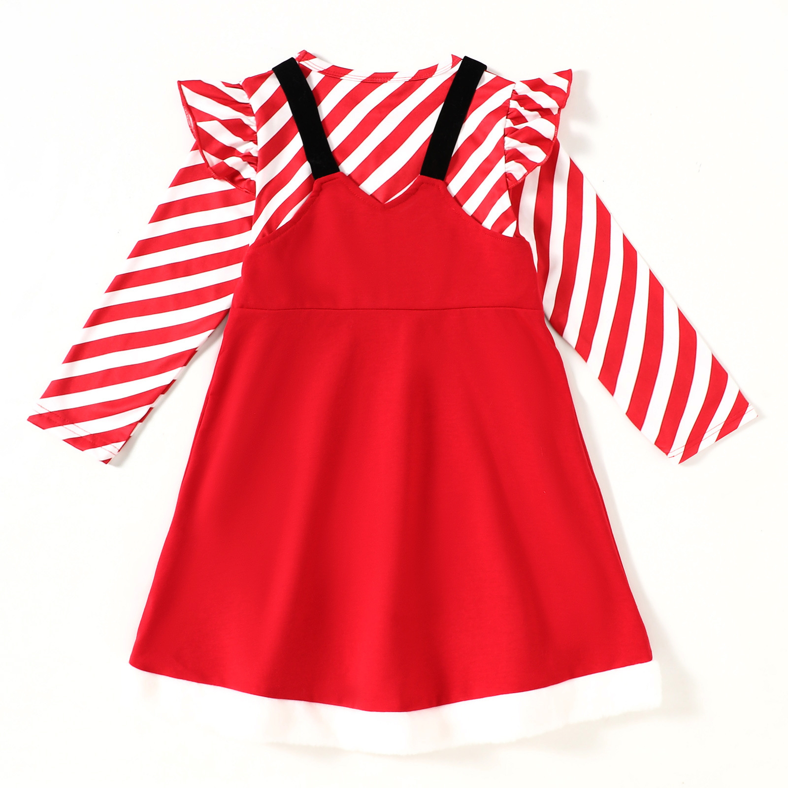 Kids Stripe Top and Santa Claus Embroidery Pinafore Dress Set