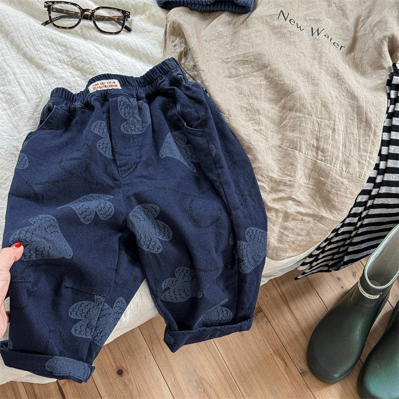 Kids Bird Letter Print Washed Denim Pants