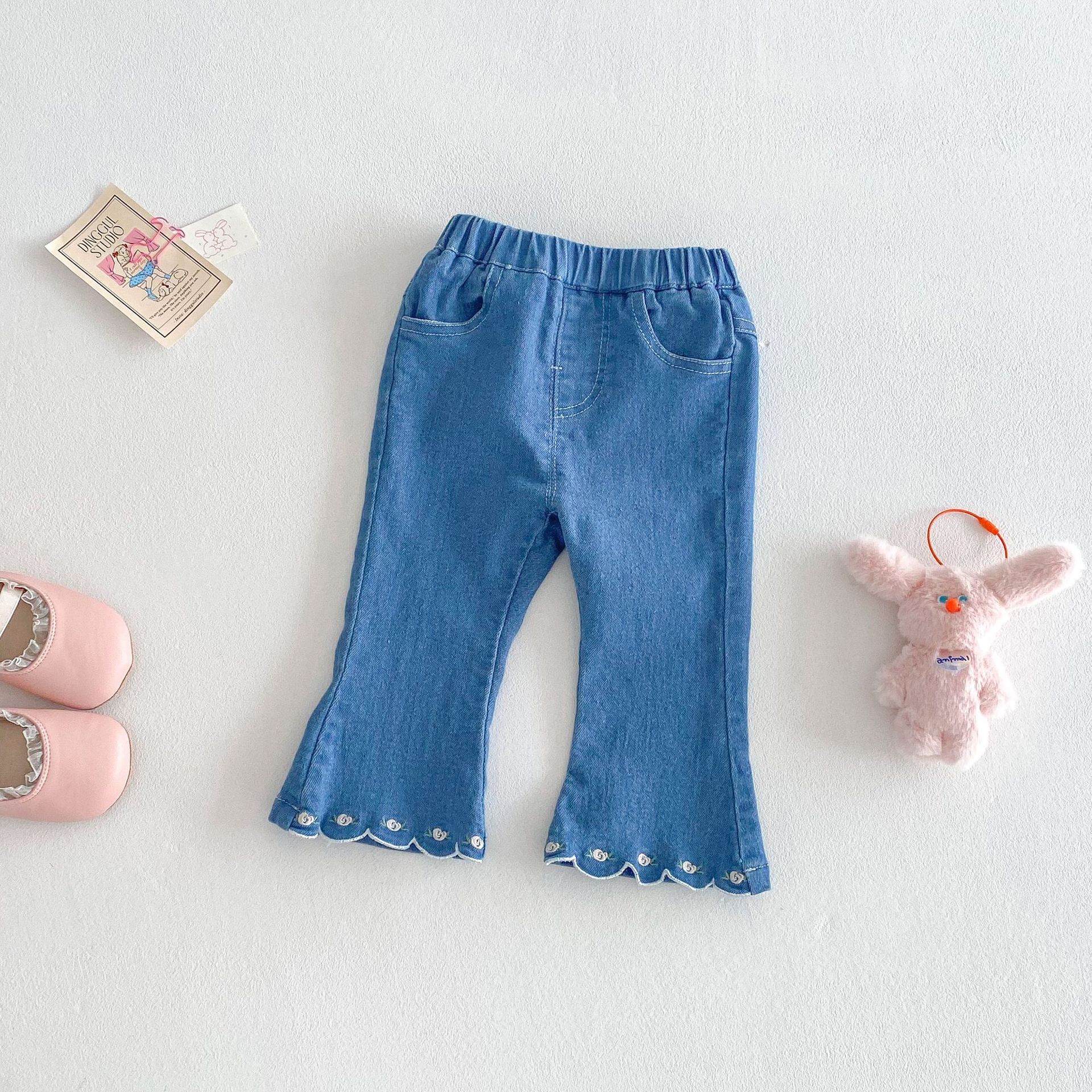 Baby & Kid Flower Embroidery Trumpet Denim Pants