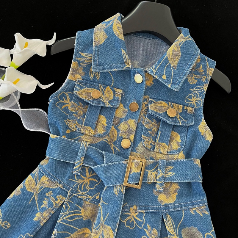 Baby Toddler Girl Vest Denim Floral Print Dress