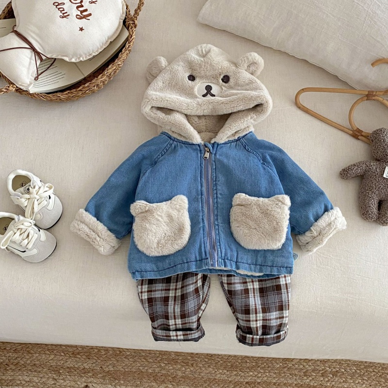 Baby Toddler Bear-Print Patchwork Denim Outerwear