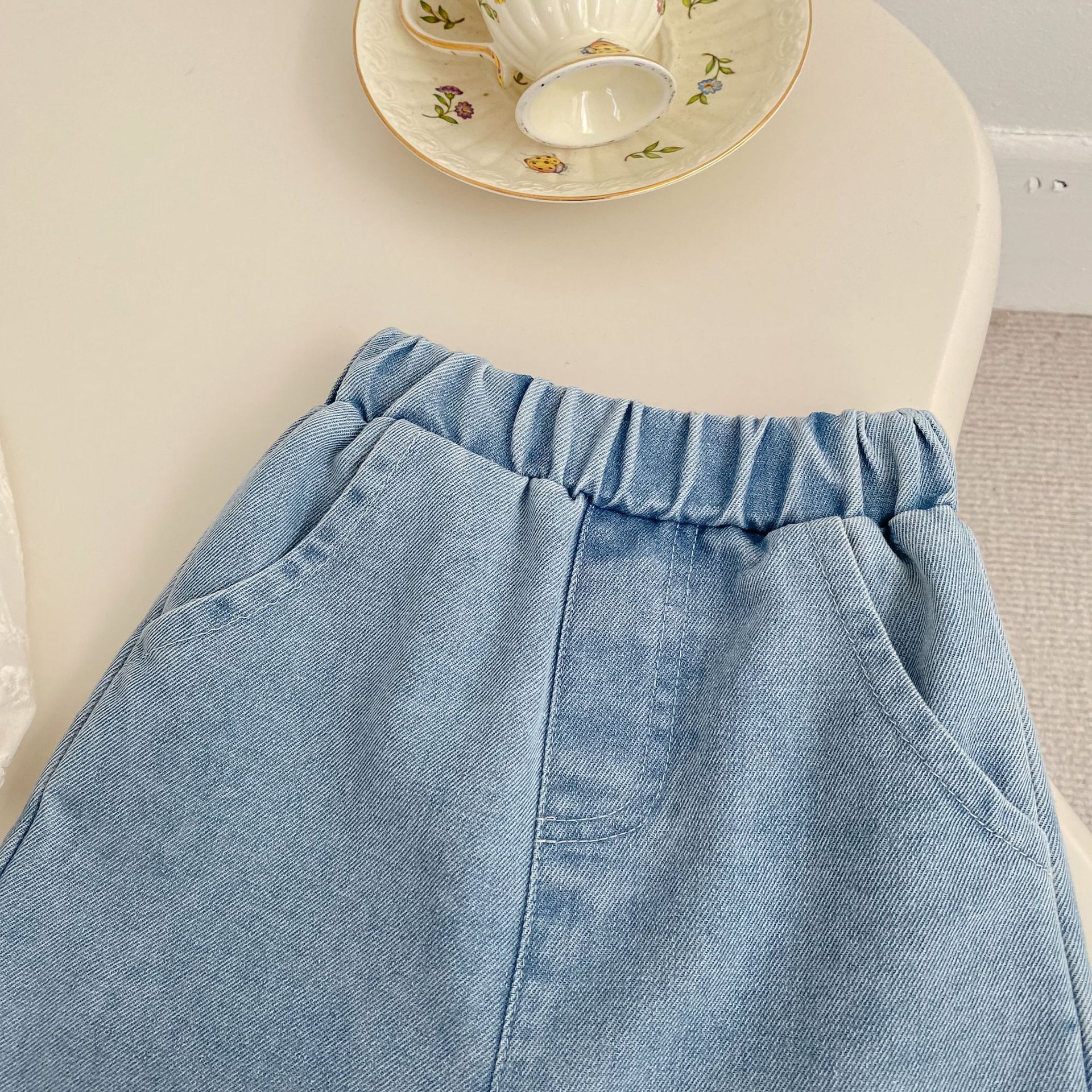 Baby Toddler Girl Solid Color White Lace Top/Blue Denim Pants