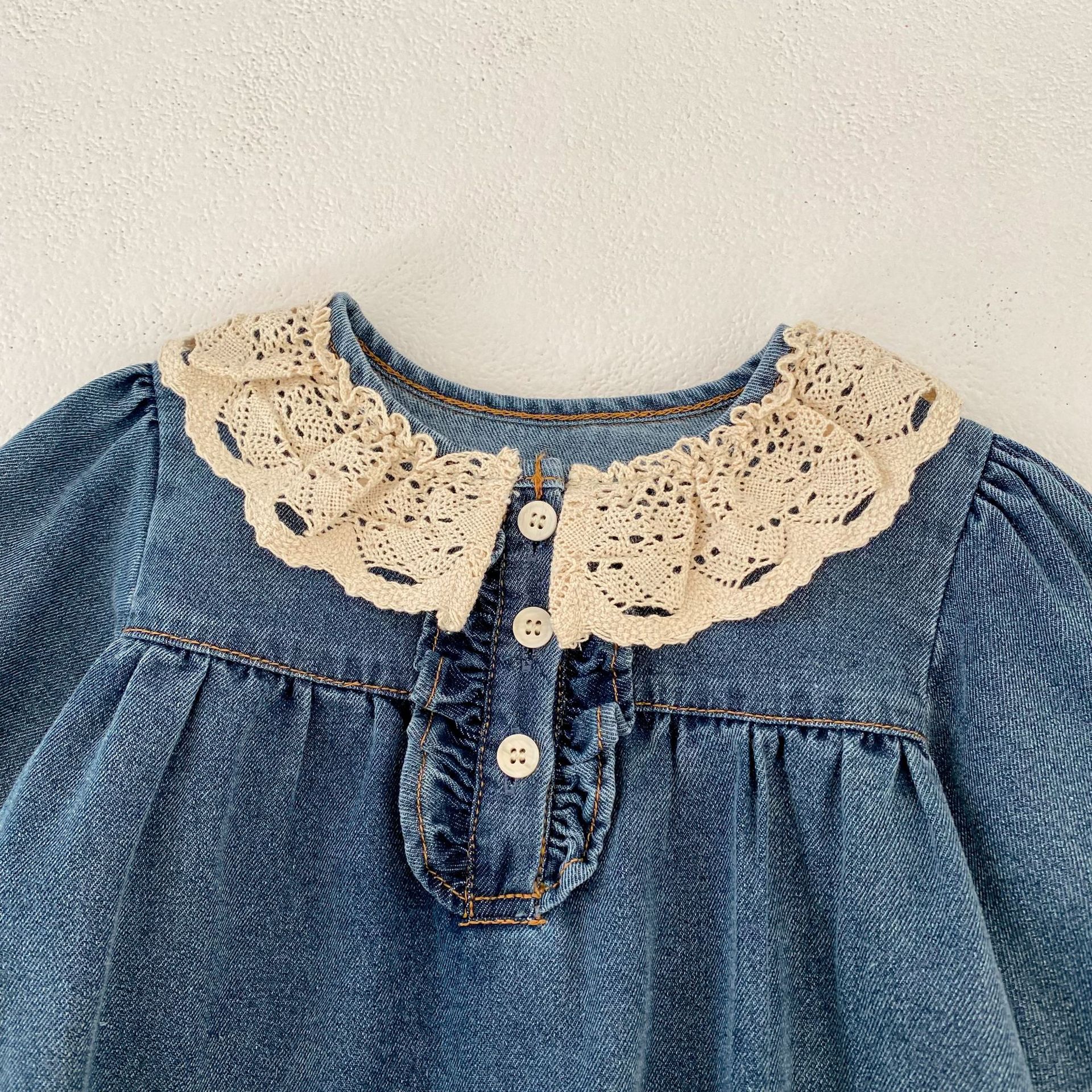 Lace-trimmed Peter Pan Collar Denim Romper