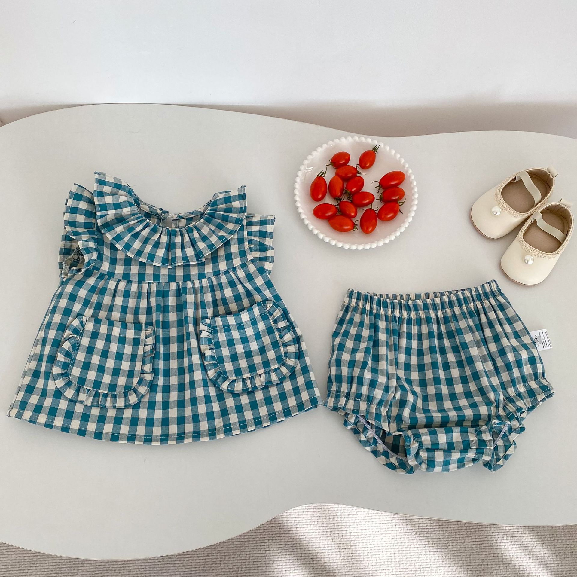 Baby Plaid Ruffle Bollar Top and Shorts Set