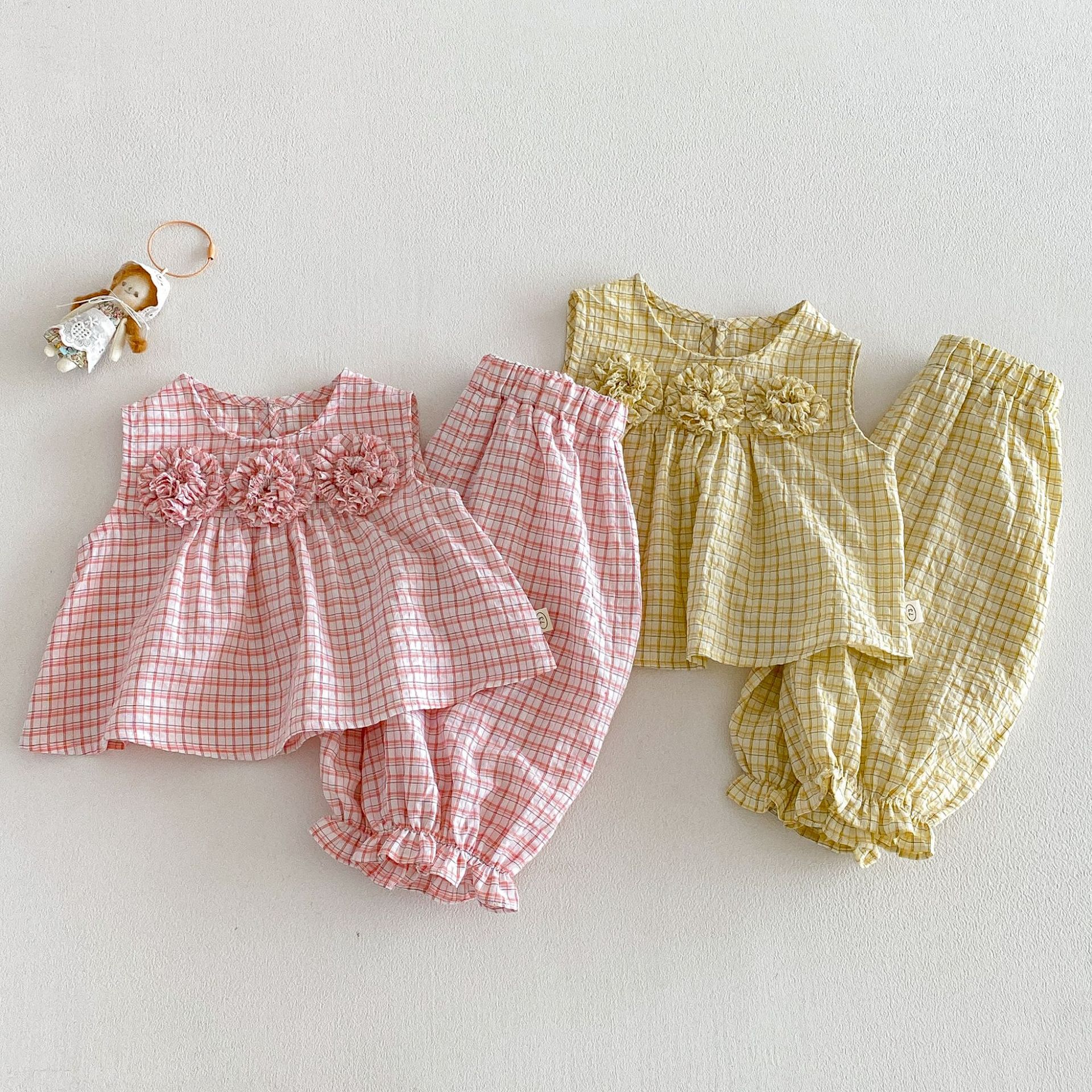 Baby & Kids Girls Flowers Plaid 2-piece Denim Set