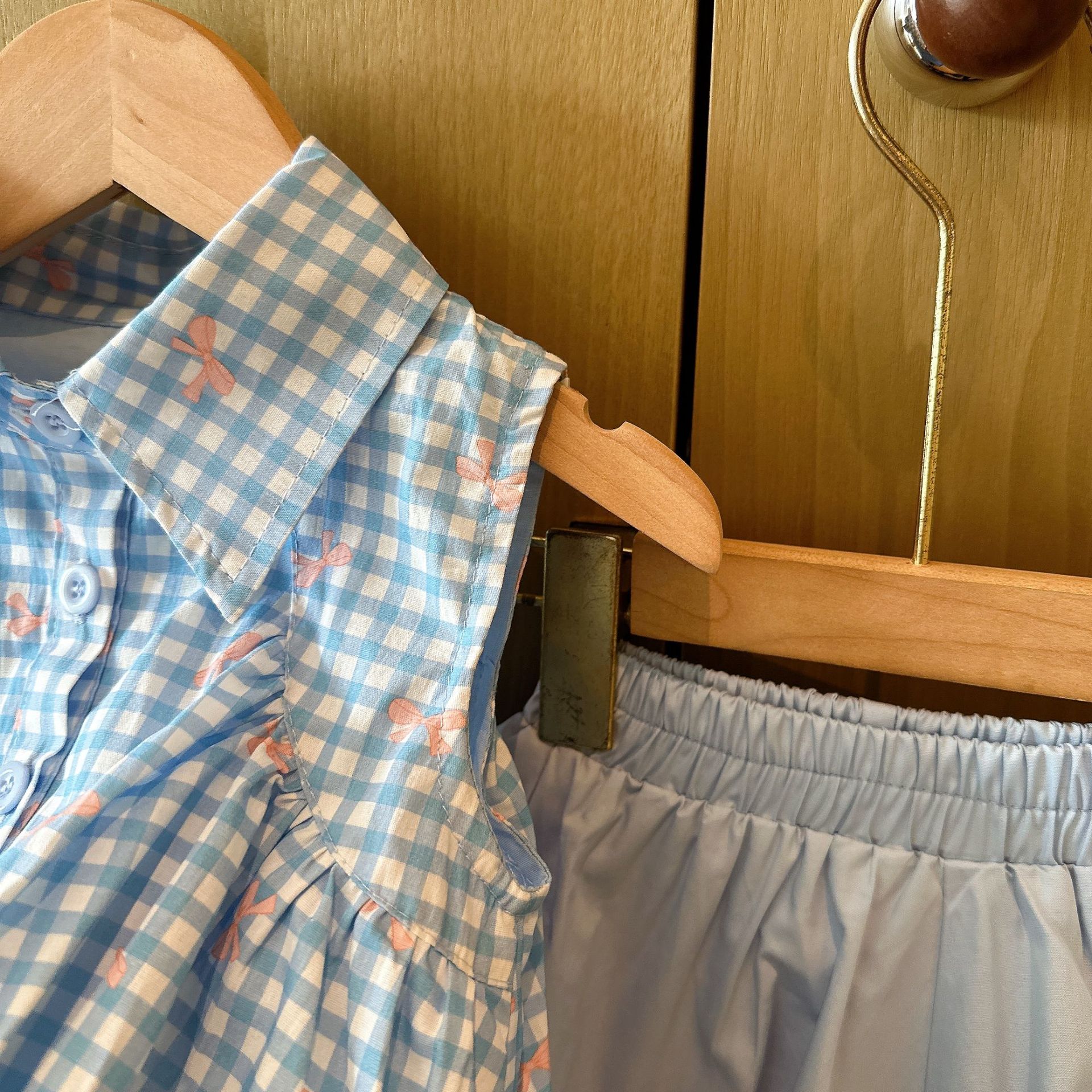 Kids Plaid Bow Pattern Tie Collar Top and Pants Set