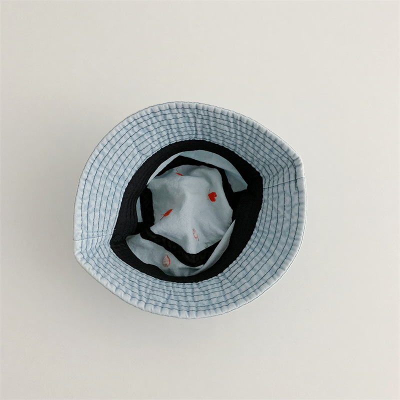 Baby Heart Embroidery Flat-Top Denim Bucket Hat