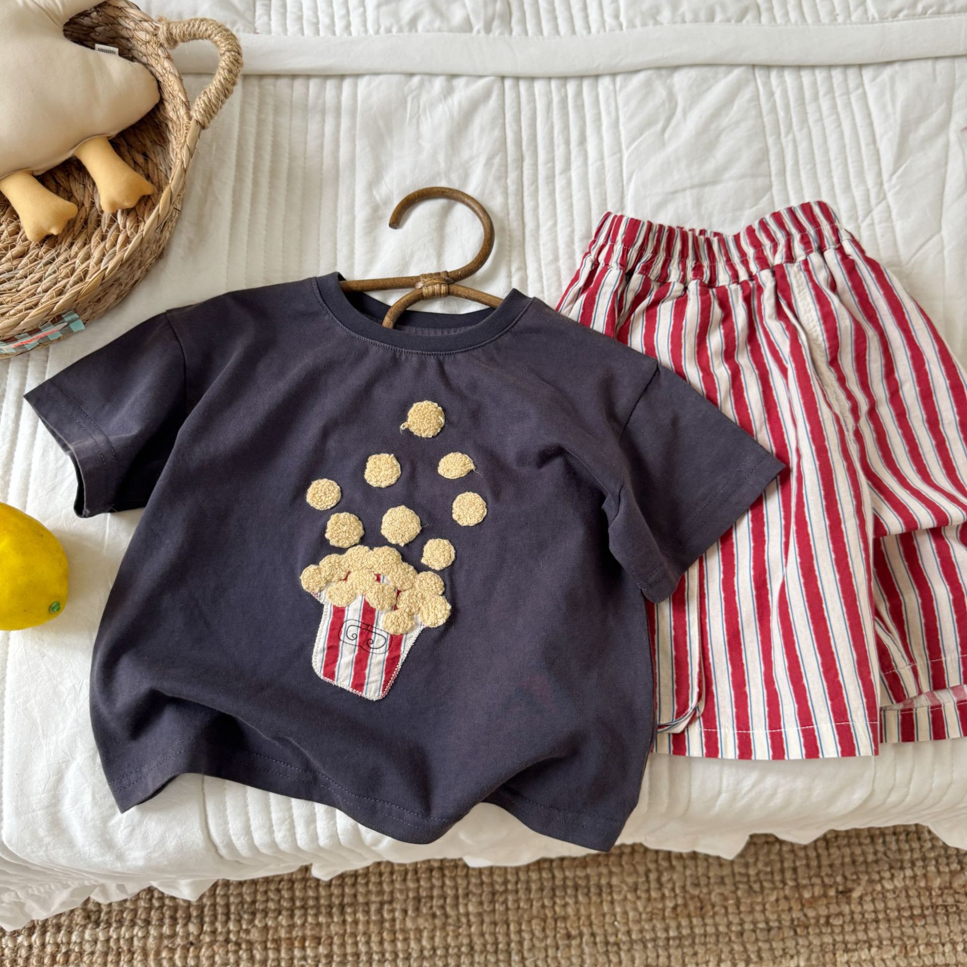 Kids Popcorn Pattern Top and Stripe Short Pants Set