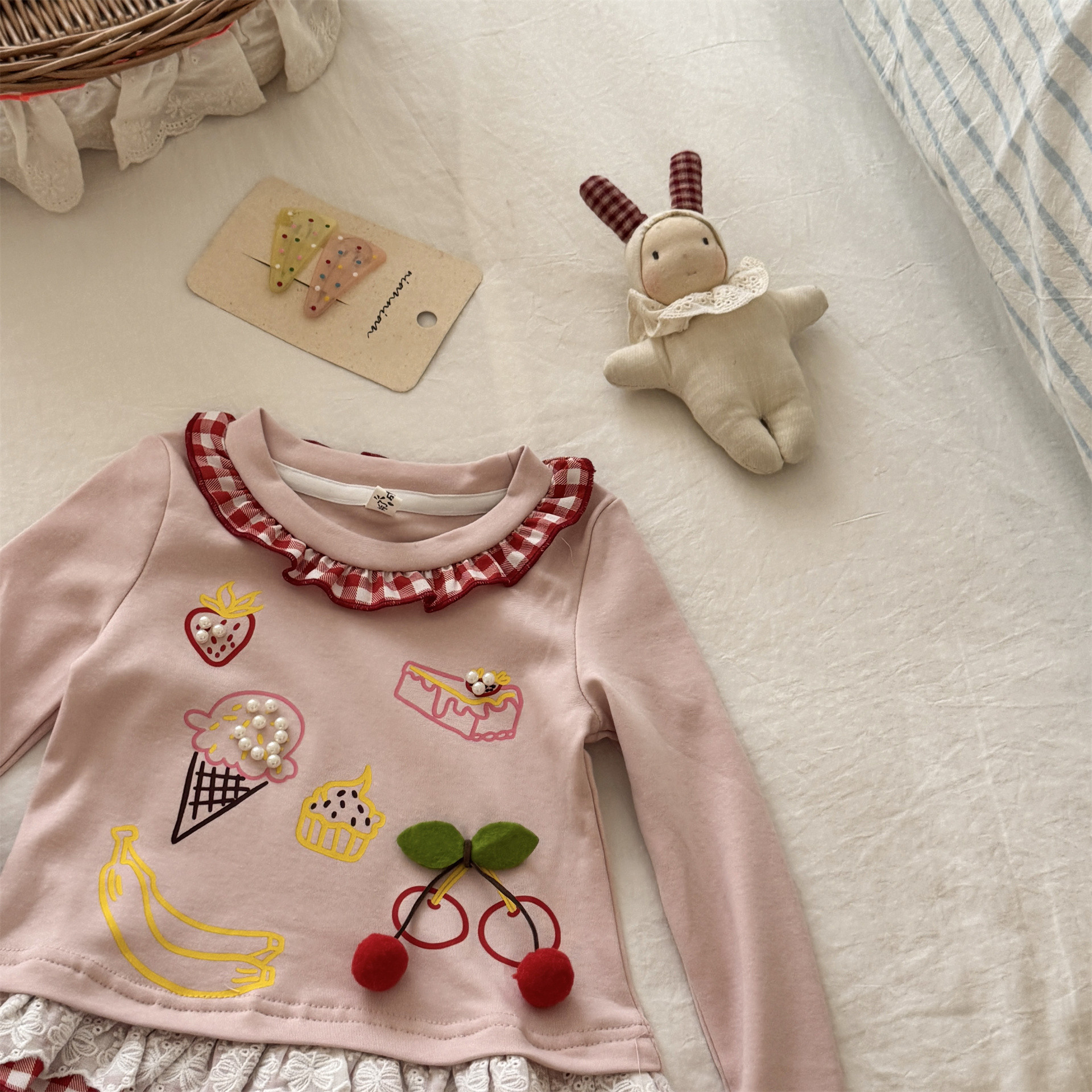 Kids Checkered Lace Trim Food T-shirt