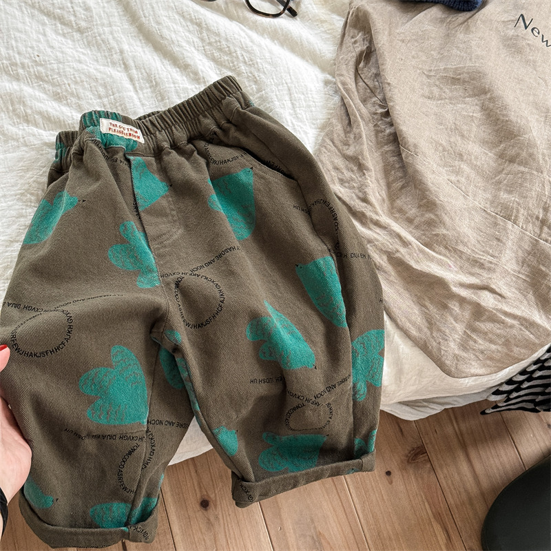 Kids Bird Letter Print Washed Denim Pants