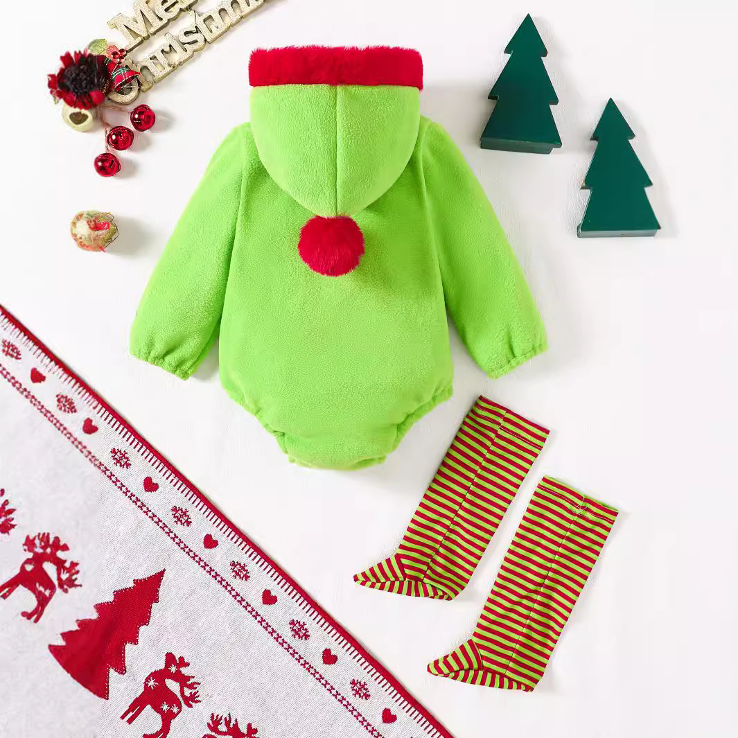 Baby Christmas Fleece Hooded Zipper Onesie With Stripe Socks